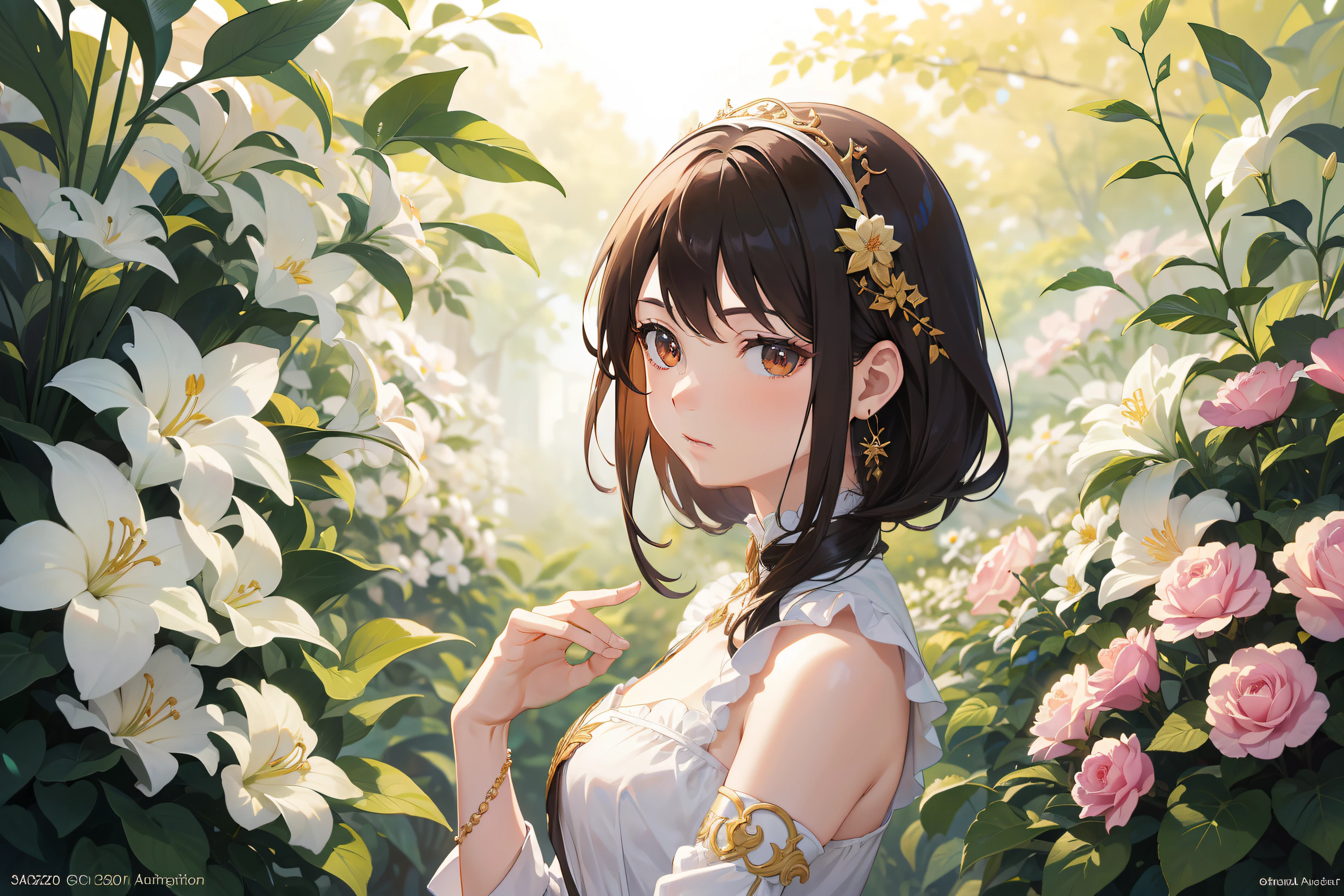 Official Art, Masterpiece European female, angel, brown short hair , brown eyes, (masterpiece、top-quality、hight resolution: 1.4),in 8K, Anime Art Nouveau, highly detailed exquisite fanart, anime fantasy illustration, clean detailed anime art, detailed anime art, Sharp Focus, Delicate Beautiful Hair and Eyes and Face, realisitic, ultra-detailliert, flower garden, sunlight,