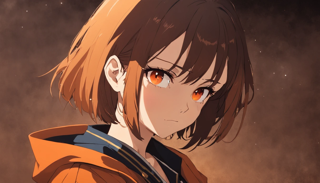 girlish ,cabello naranja,pelo corto,bob cut hair, Intense look at the camera,fondo de desierto,brown jacket.Camisa blanca,ojos naranjas,mirada seria,Dramatic light adjustment,Pendientes rojos en forma de gota,cerrar,soplando el humo de su pistola,pistola ,medium shot,female,action