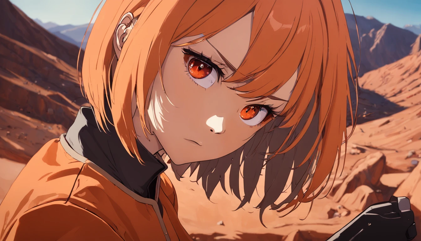 girlish ,cabello naranja,pelo corto,bob cut hair, Intense look at the camera,fondo de desierto,brown jacket.Camisa blanca,ojos naranjas,mirada seria,Dramatic light adjustment,Pendientes rojos en forma de gota,cerrar,soplando el humo de su pistola,pistola ,medium shot,female,action