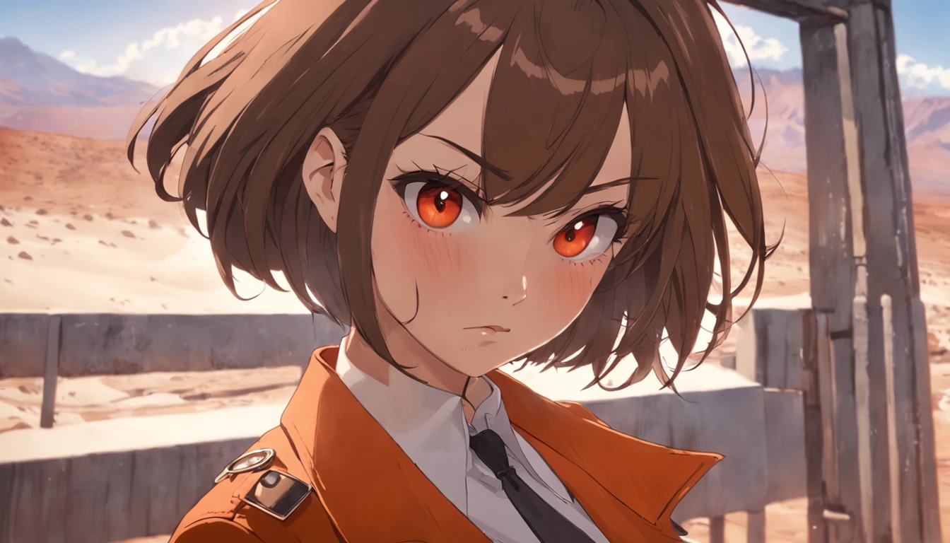 girlish ,cabello naranja,pelo corto,bob cut hair, Intense look at the camera,fondo de desierto,brown jacket.Camisa blanca,ojos naranjas,mirada seria,Dramatic light adjustment,Pendientes rojos en forma de gota,cerrar,soplando el humo de su pistola,pistola ,medium shot,female,action
