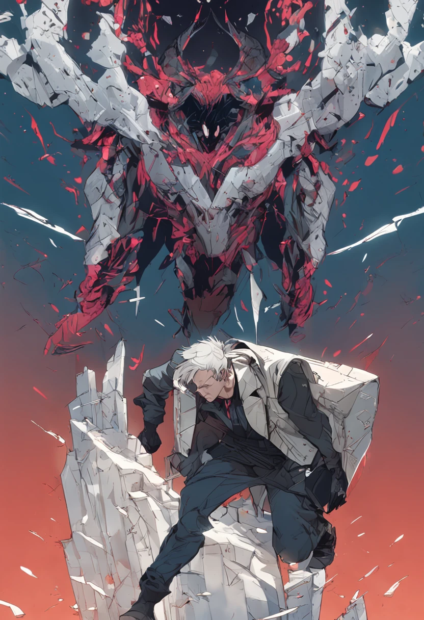 young man , handsome , white hair , blue eyes , dark clothes , blood in his face , sad man , low emotion