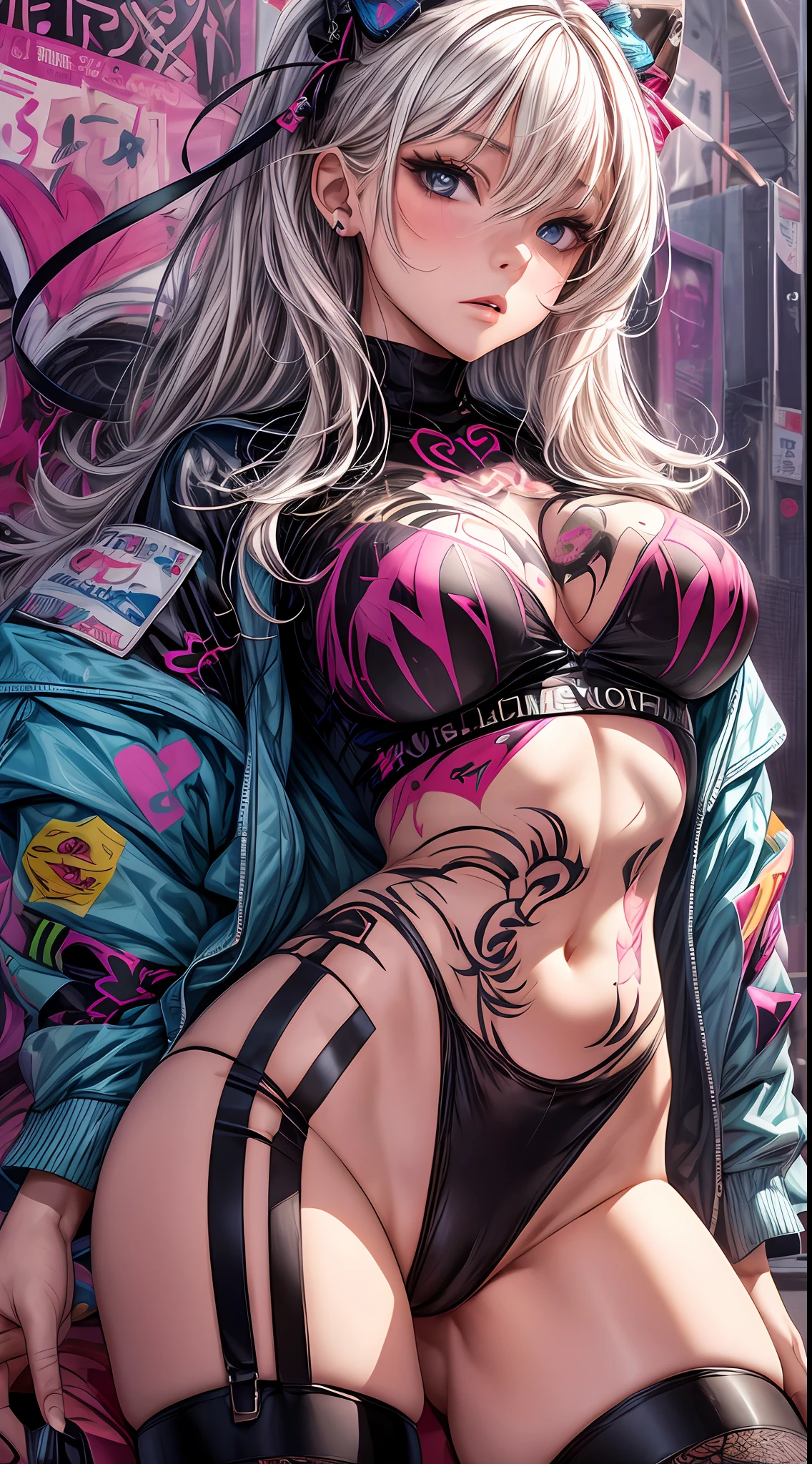infp young woman, Beautiful big breasts, Front opening shirt, Body painting with pop designs drawn directly all over the body, heart shapes, Pop Art Design, Cutting-edge fashion, Innovative, The center of attention, tokyo prefecture, newyork, Special art design, pubick hair, cameltoe details, -motto, Background of the novel,