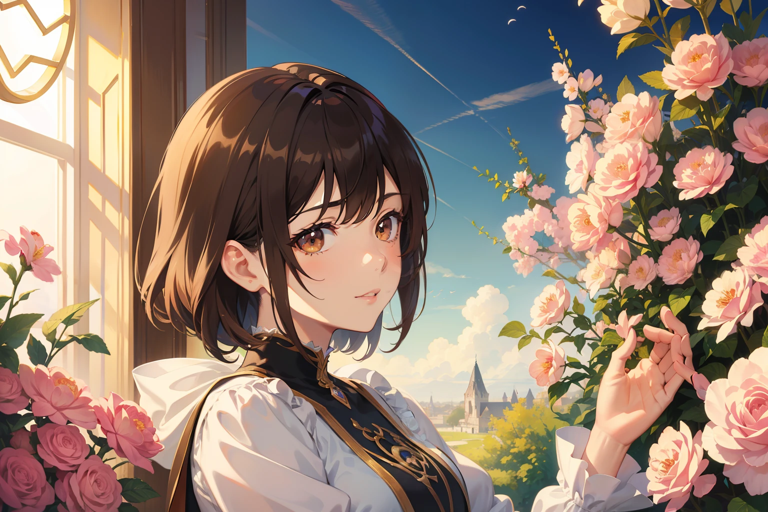Official Art, Masterpiece European female, brown short hair , brown eyes, (​masterpiece、top-quality、hight resolution: 1.4),in 8K, Anime Art Nouveau, highly detailed exquisite fanart, anime fantasy illustration, clean detailed anime art, detailed anime art, Sharp Focus, Delicate Beautiful Hair and Eyes and Face, realisitic, ultra-detailliert, flower garden, sunlight,