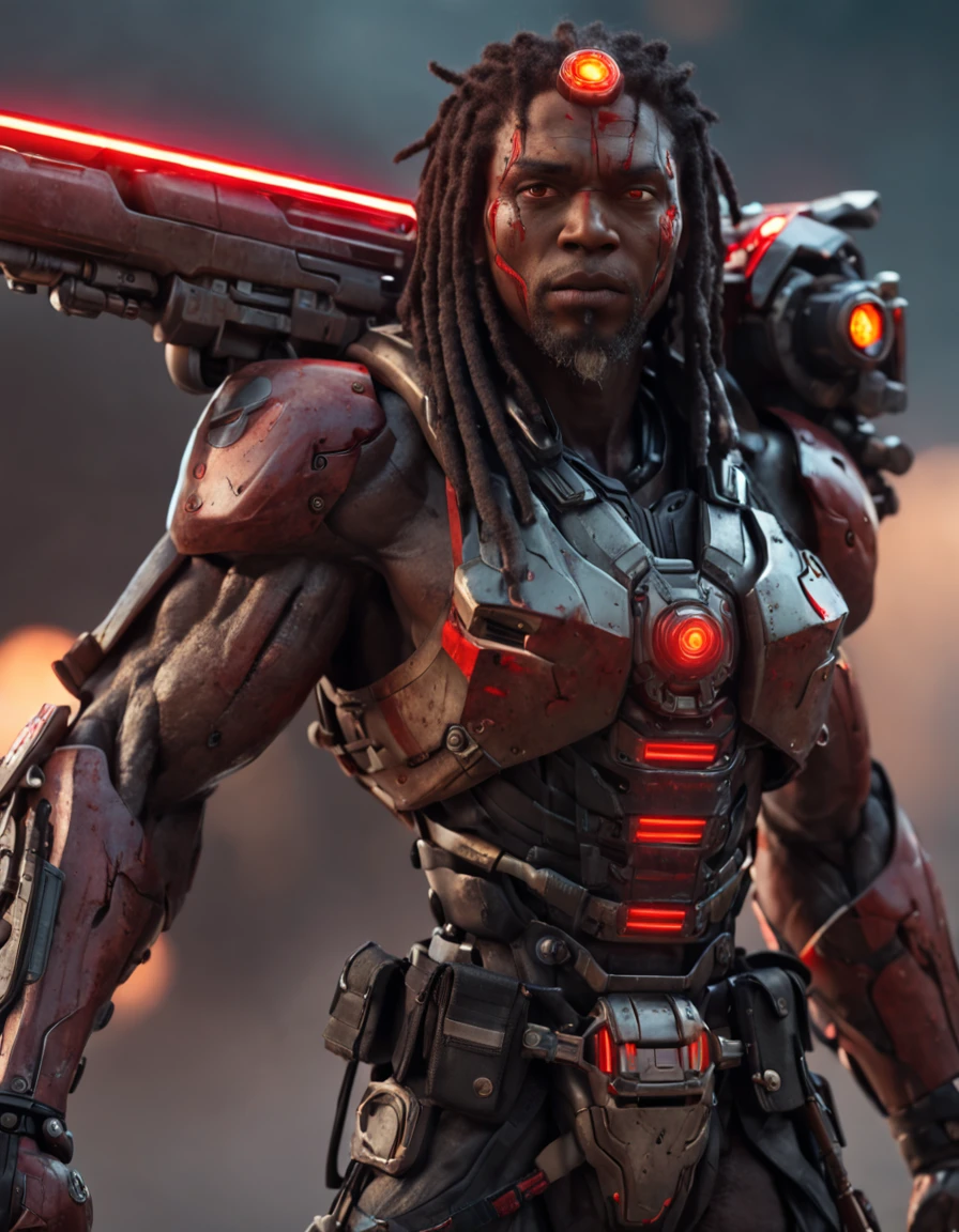 REALISTIC ANIME STYLE, JAPANESE ANIME, REAL ANIME, RAGE UNLEASHED, ANGRY, african american man cyborg soldier with dual samurai sword, red long dreadlocks, glowing neon X eyes, with shot gun on the side, heavy mecha armor, cybernetic, cyberpunk, colourful japanese stickers on armor, on planet venus, wasteland, apocalypse, baren venus planet, cinematic, volume lighting