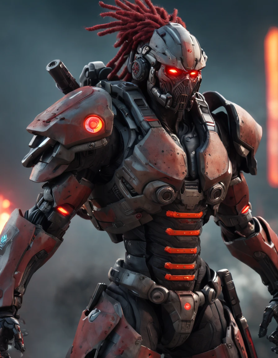 REALISTIC ANIME STYLE, JAPANESE ANIME, REAL ANIME, RAGE UNLEASHED, ANGRY, african american man cyborg soldier with dual samurai sword, red long dreadlocks, glowing neon X eyes, with shot gun on the side, heavy mecha armor, cybernetic, cyberpunk, colourful japanese stickers on armor, on planet venus, wasteland, apocalypse, baren venus planet, cinematic, volume lighting