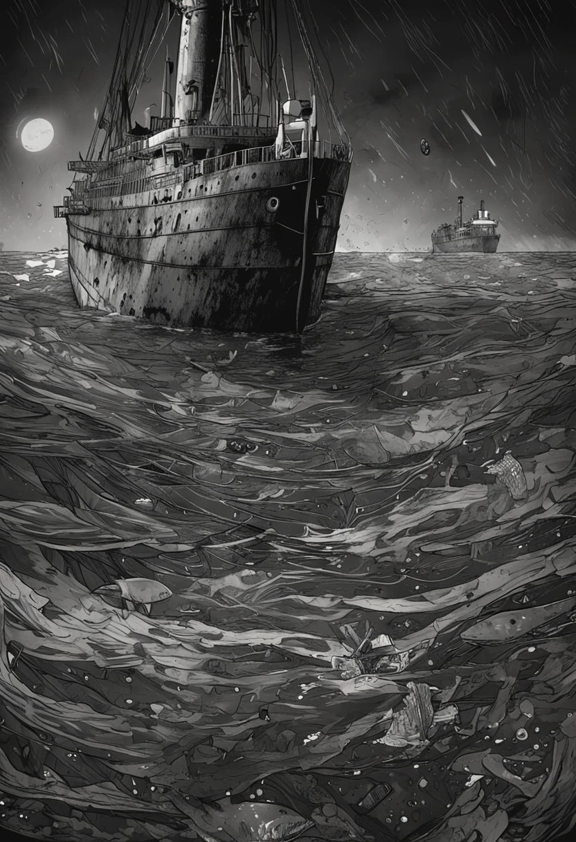 /imagine prompt: Entering the mysteries of the submerged cities, accompanying Robert Ballard as he explores the wreckage of the Titanic at the bottom of the ocean. With his passion for Oceanography, He leads us through a dark and mysterious waterscape, revealing the remains of the ship and the vestiges of history. Precise details of the wreckage, subtle bioluminescence illumination, Black and white photographic image, underwater lens, --ar 16:9 --v 5