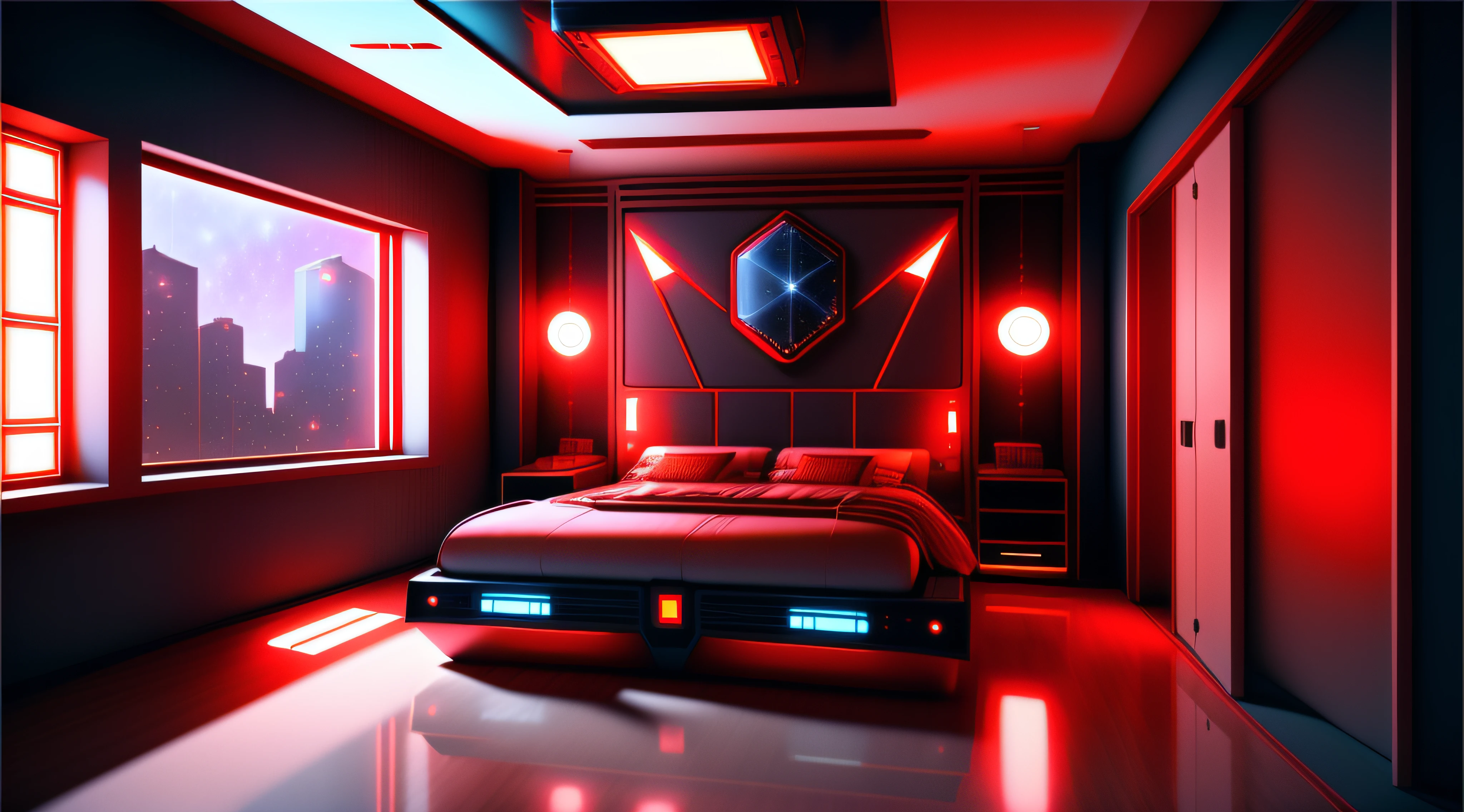 Warm Light Source Technology Cyberpunk Mechanicalism Deconstructivism Bedroom background image Floor-to-ceiling windows Bright fluorescent Starry Sky Armor Artificial Intelligence Starry Sky Cold Light Source Only One Bed Very Light Red Filter Fox Bionic Computer mechanical parts gorgeous