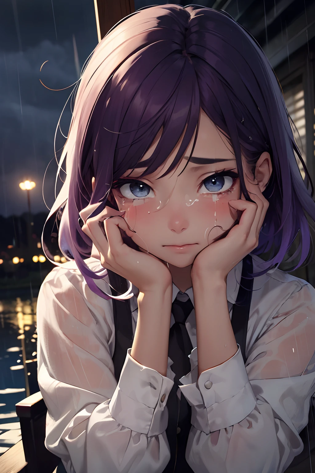 A beautiful woman crying, very sad, with violet hair, beautiful eyes, suffering rainy scenery, a lot of rain
