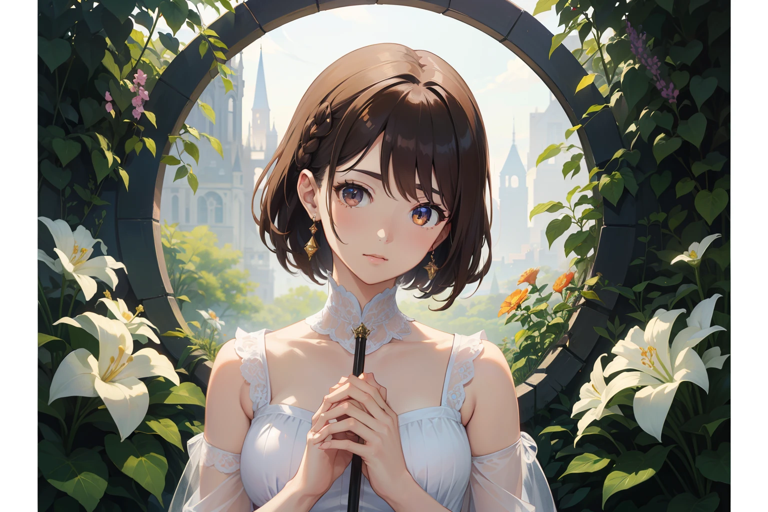 Official Art, Masterpiece European female, angel, brown short hair , brown eyes, (​masterpiece、top-quality、hight resolution: 1.4),in 8K, Anime Art Nouveau, highly detailed exquisite fanart, anime fantasy illustration, clean detailed anime art, detailed anime art, Sharp Focus, Delicate Beautiful Hair and Eyes and Face, realisitic, ultra-detailliert, flower garden, sunlight,