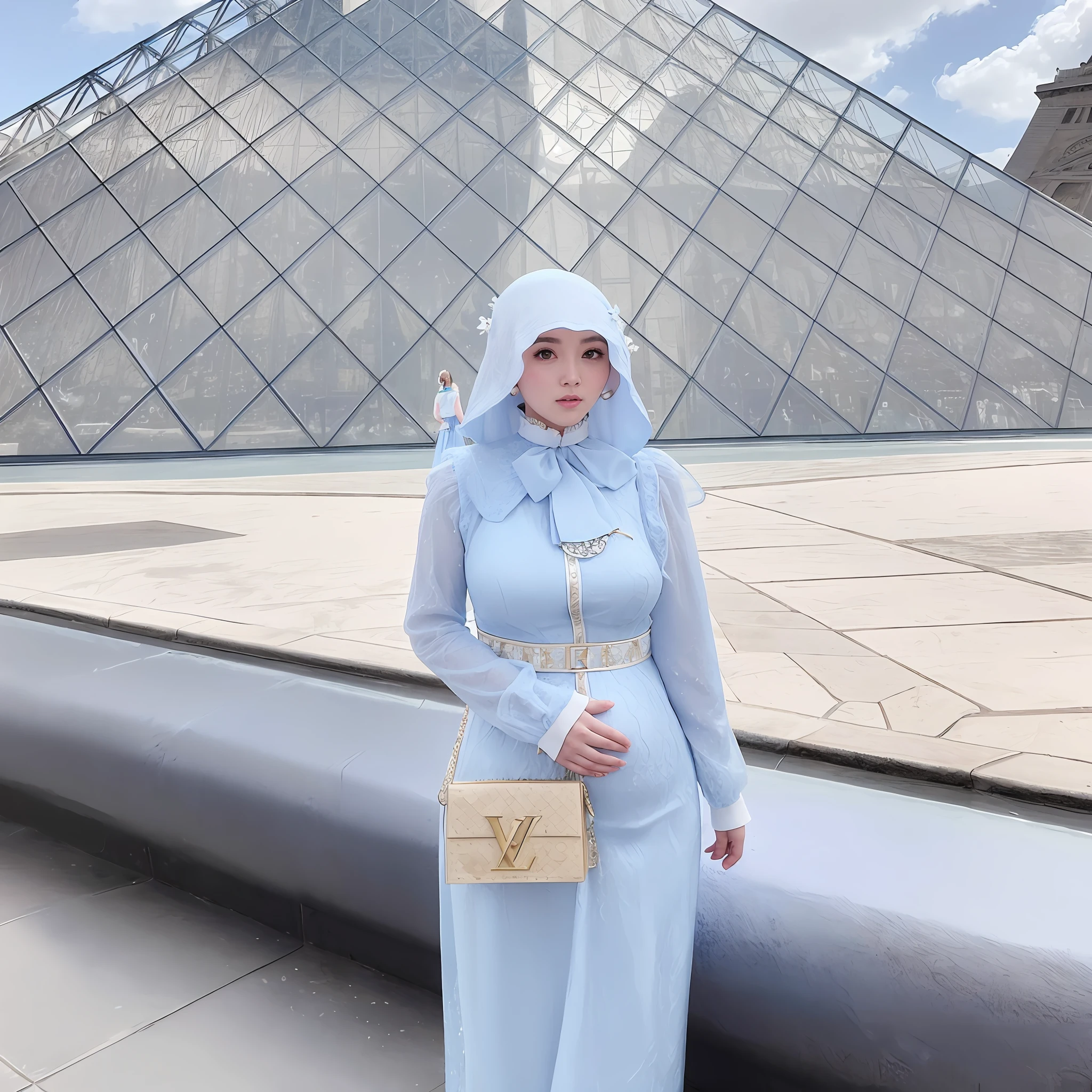 pregnant woman wearing a blue dress and a white hat standing in front of a pyramid, dilraba dilmurat, in paris, wearing louis vuitton armor, fan bingbing, wonderful masterpiece, in a blue qipao, lv, with a figure in the background, wearing an ornate outfit, great masterpiece, 🤠 using a 🖥, pale blue outfit