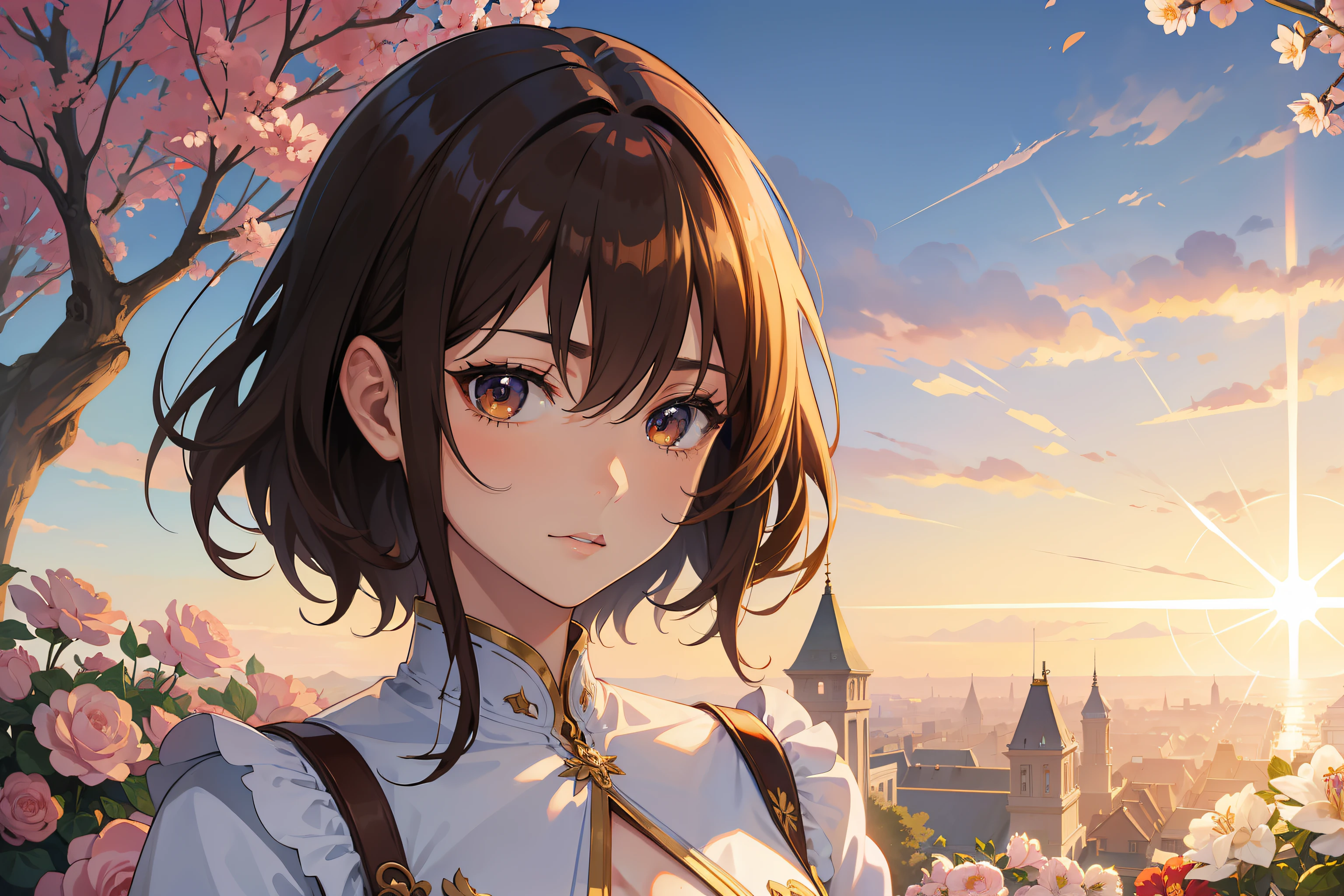 Official Art, Masterpiece European female, brown short hair , brown eyes, (​masterpiece、top-quality、hight resolution: 1.4),in 8K, Anime Art Nouveau, highly detailed exquisite fanart, anime fantasy illustration, clean detailed anime art, detailed anime art, Sharp Focus, Delicate Beautiful Hair and Eyes and Face, realisitic, ultra-detailliert, flower garden, sunlight,