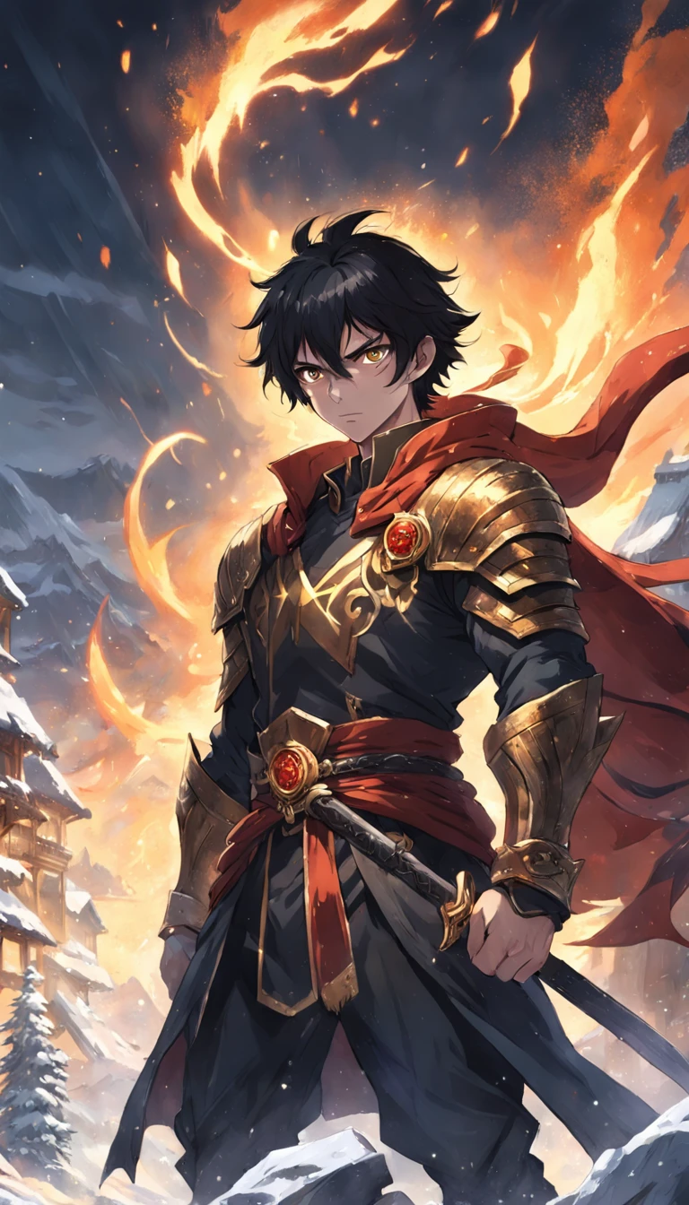 An epic scene where, in the middle of a destroyed and cold village, covered in dense snow, the protagonist, a young man with dark hair and glowing golden eyes, bruised by the confrontation, awakens the power of fire