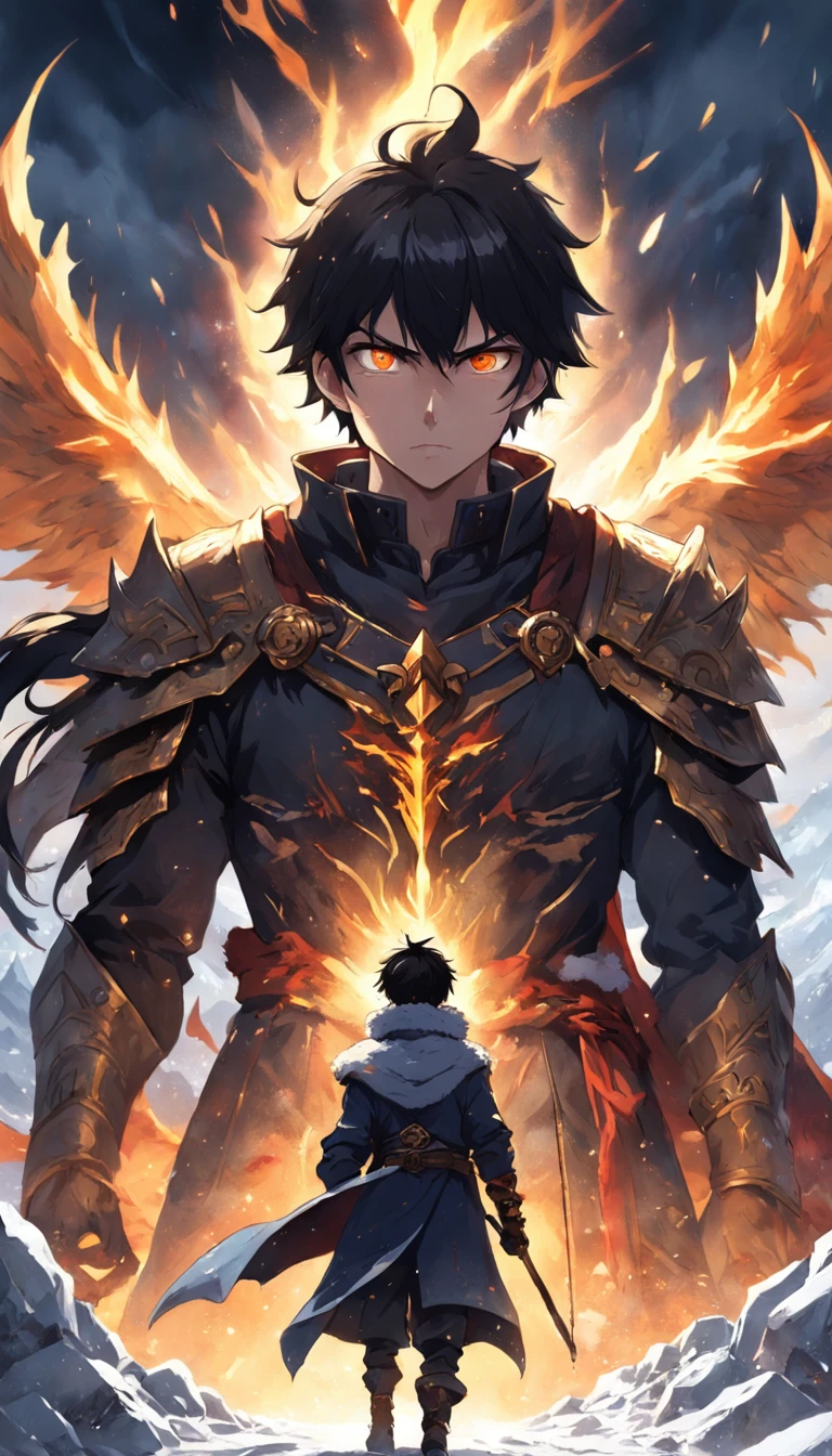 An epic scene where, in the middle of a destroyed and cold village, covered in dense snow, the protagonist, a young man with dark hair and glowing golden eyes, bruised by the confrontation, awakens the power of fire