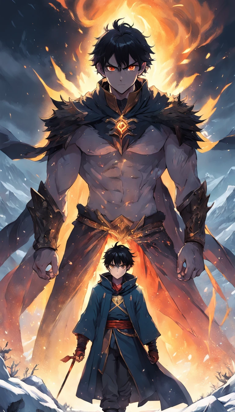 An epic scene where, in the middle of a destroyed and cold village, covered in dense snow, the protagonist, a young man with dark hair and glowing golden eyes, bruised by the confrontation, awakens the power of fire