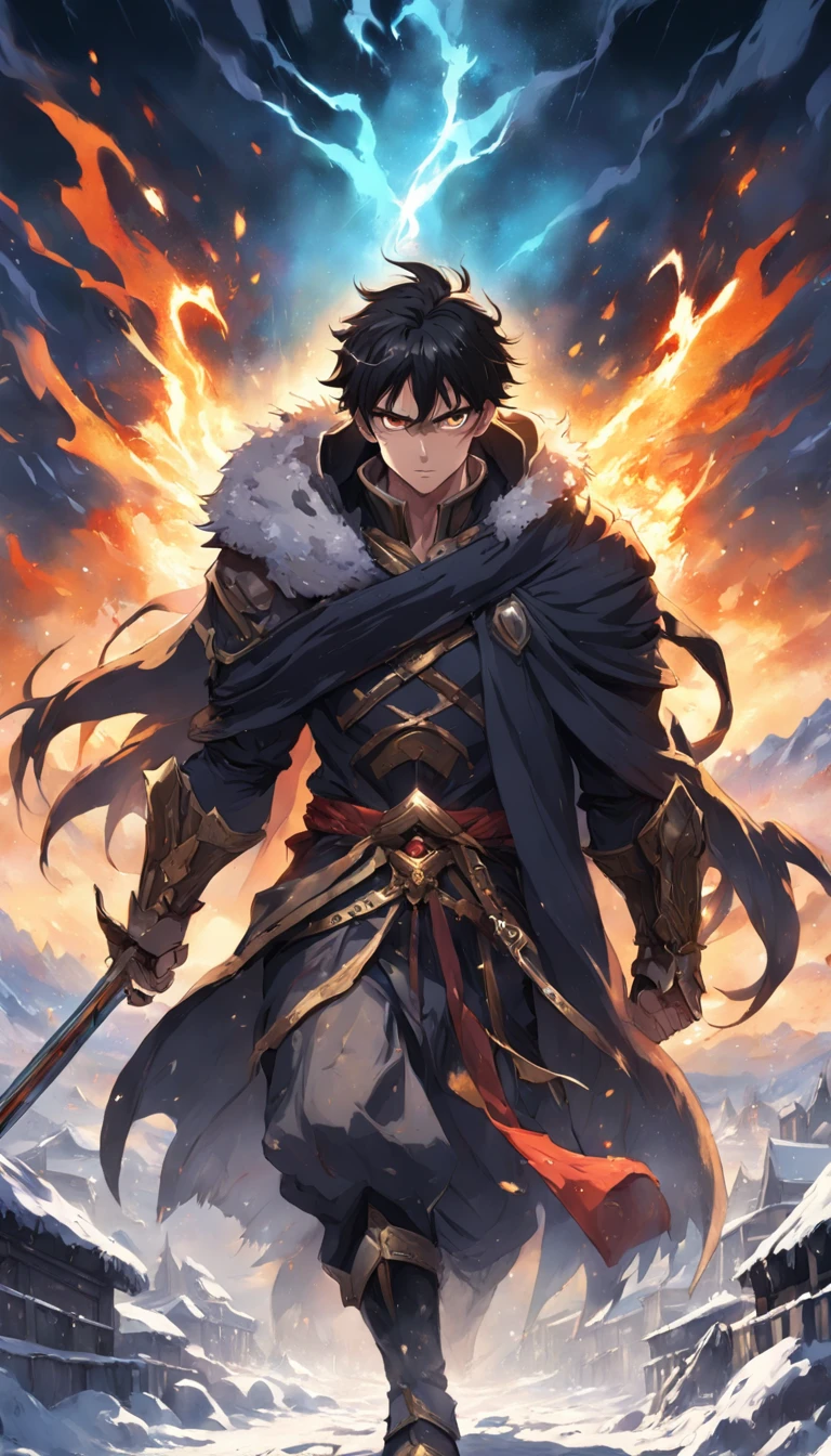 An epic scene where, in the middle of a destroyed and cold village, covered in dense snow, the protagonist, a young man with dark hair and glowing golden eyes, bruised by the confrontation, awakens the power of fire