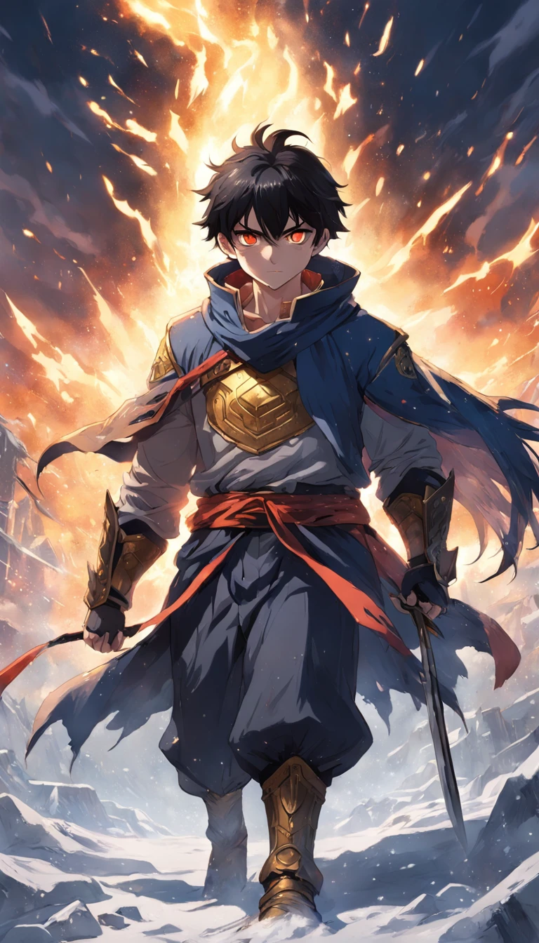 An epic scene where, in the middle of a destroyed and cold village, covered in dense snow, the protagonist, a young man with dark hair and glowing golden eyes, bruised by the confrontation, awakens the power of fire