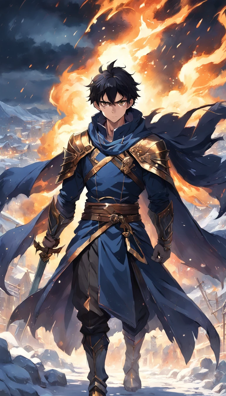 An epic scene where, in the middle of a destroyed and cold village, covered in dense snow, the protagonist, a young man with dark hair and glowing golden eyes, bruised by the confrontation, awakens the power of fire