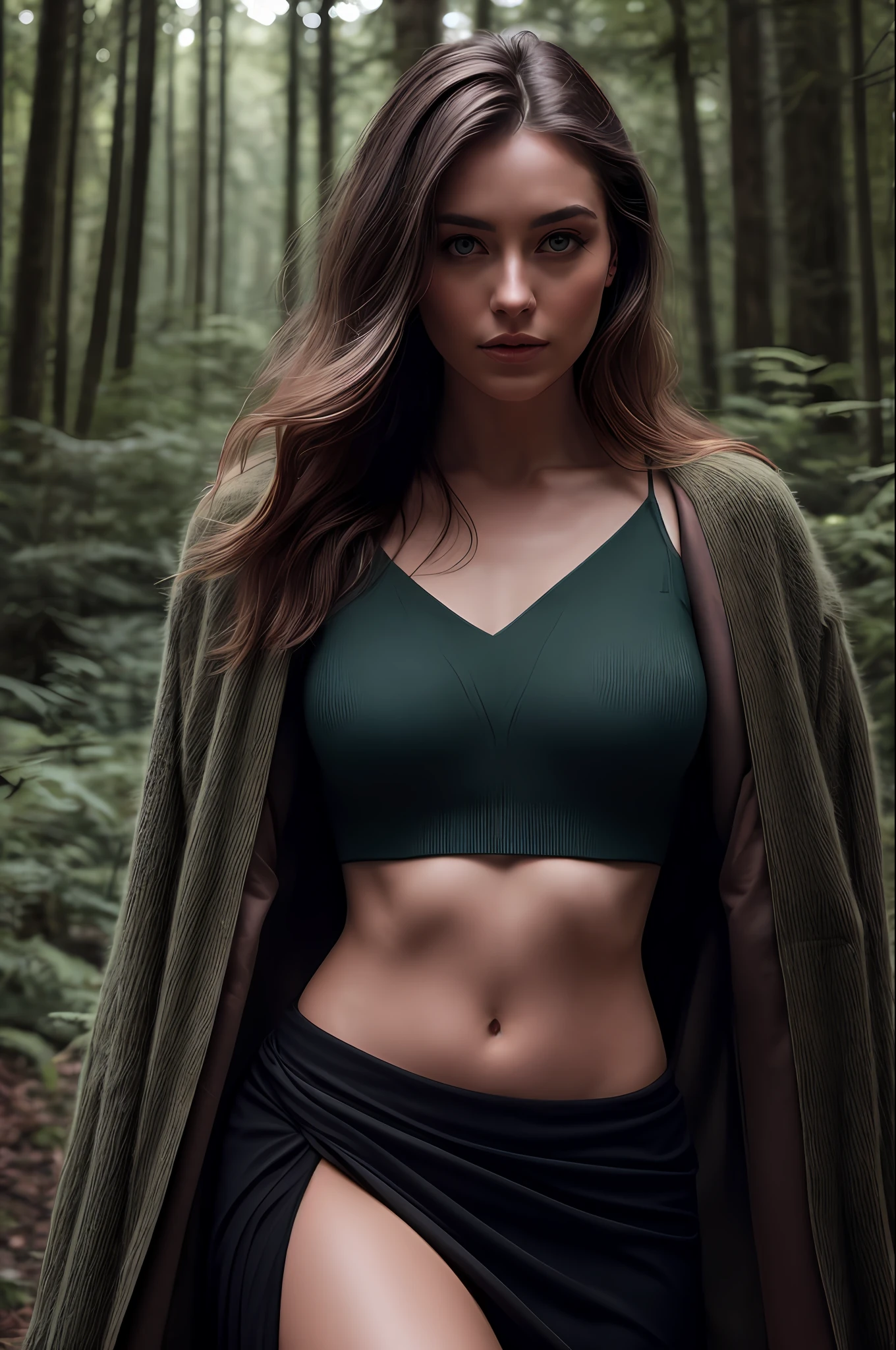 a photo of a seductive woman with loose styled dark blonde hair, posing in a forest, bored, she is wearing Crop Top and a Pencil skirt, mascara, , (textured skin, skin pores:1.1), (moles:0.8), (imperfect skin:1.1) intricate details, goosebumps, flawless face, (light freckles:0.9), ((photorealistic):1.1), (raw, 8k:1.2), dark, muted colors, slate atmospheres. Her piercing blue eyes seem to pierce through the camera lens, captivating anyone who gazes upon the photo. The way she holds herself with confidence and a hint of mystery adds to her allure. The sunlight filtering through the trees casts a mesmerizing dappled effect on her figure, creating an enchanting atmosphere. As she stands amidst the lush greenery, her presence commands attention, as if she is a queen of the forest. The photo captures a moment frozen in time, where beauty and nature intertwine seamlessly. Her expression, a mix of longing and contemplation, invites viewers to wonder about the thoughts that occupy her mind. Is she yearning for an adventure beyond the confines of the forest? Or is she lost in a world of her own, finding solace in the serenity of nature? The photo's composition, with the woman placed off-center, adds a touch of unconventional beauty to the scene. It challenges the viewer's expectations and draws them further into the captivating narrative of the image. The subtle play of light and shadow on her face highlights her delicate features, emphasizing the ethereal quality of her presence. The forest, with its dense foliage and towering trees, provides a dramatic backdrop that enhances the enigmatic aura surrounding the woman. It is as if the forest itself is in awe of her, bending to her will and offering itself as a stage for her captivating presence. In this photo, the woman becomes a symbol of untamed beauty and allure, capturing the essence of femininity in its most captivating form.