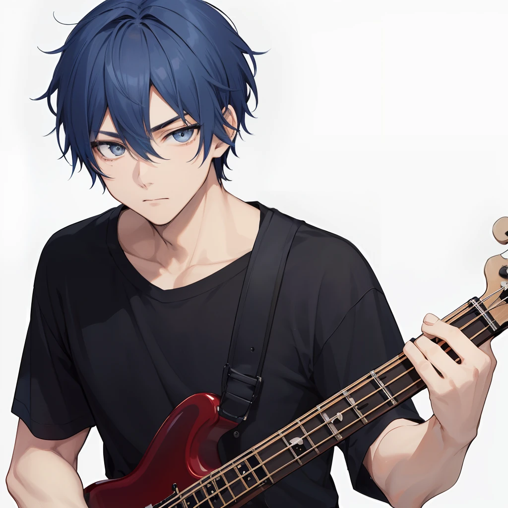 1 man, masculine、very short blue-haired、grey eyes、neutral expression, loose black t-shirt, holding a bass guitar