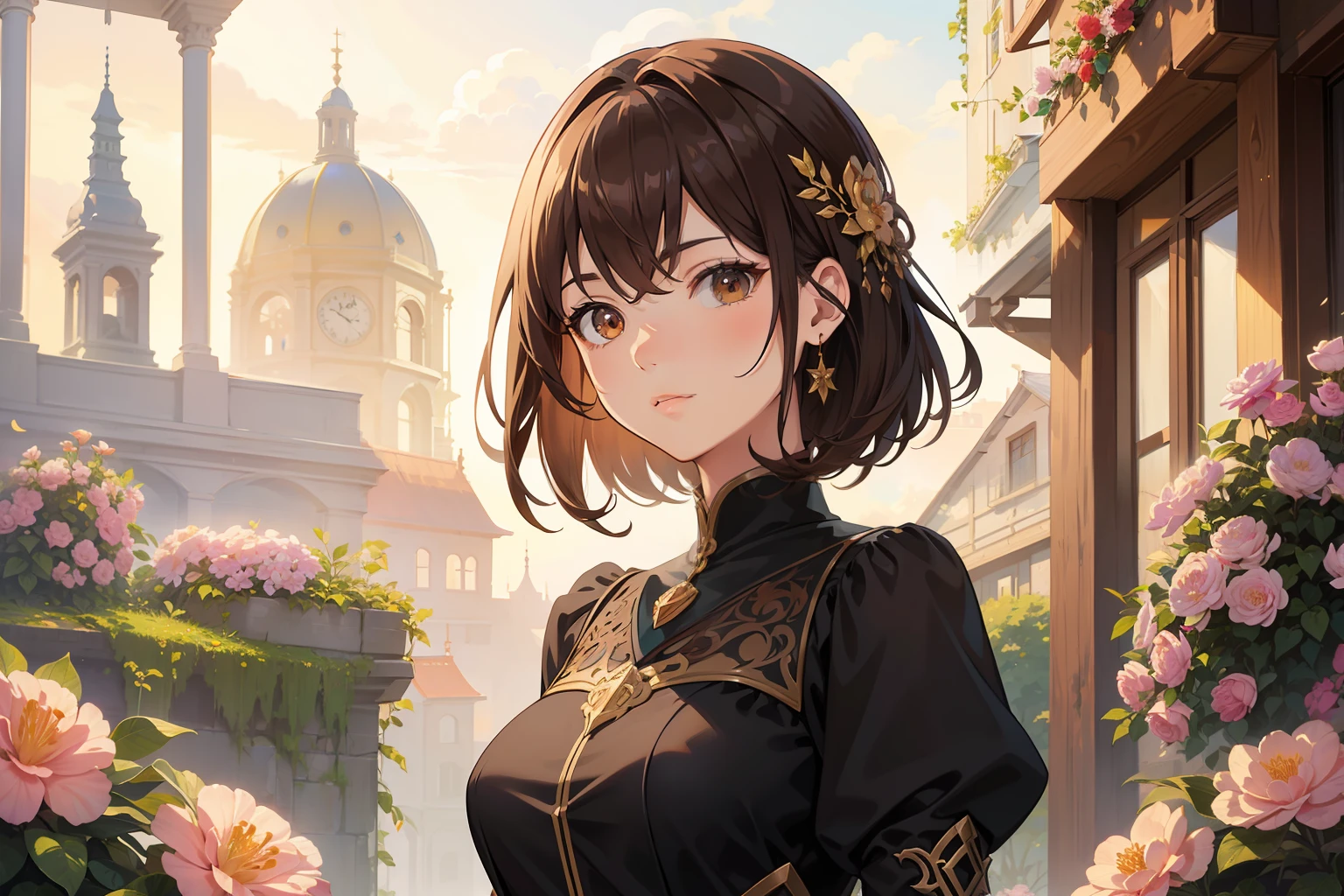 Official Art, Masterpiece European female, brown short hair , brown eyes, (​masterpiece、top-quality、hight resolution: 1.4),in 8K, Anime Art Nouveau, highly detailed exquisite fanart, anime fantasy illustration, clean detailed anime art, detailed anime art, Sharp Focus, Delicate Beautiful Hair and Eyes and Face, realisitic, ultra-detailliert, flower garden, sunlight,