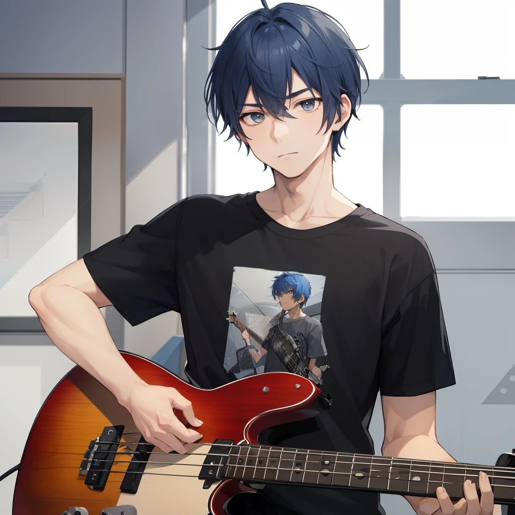 1 man, masculine、very short blue-haired、grey eyes、neutral expression, loose black t-shirt, holding a bass guitar