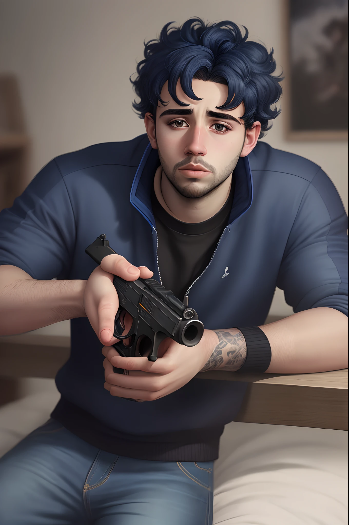 Timothee chalament realistically drawn, wearing a black tracksuit, with a oversized, dark blue jeans, tired eyes, holding a gun