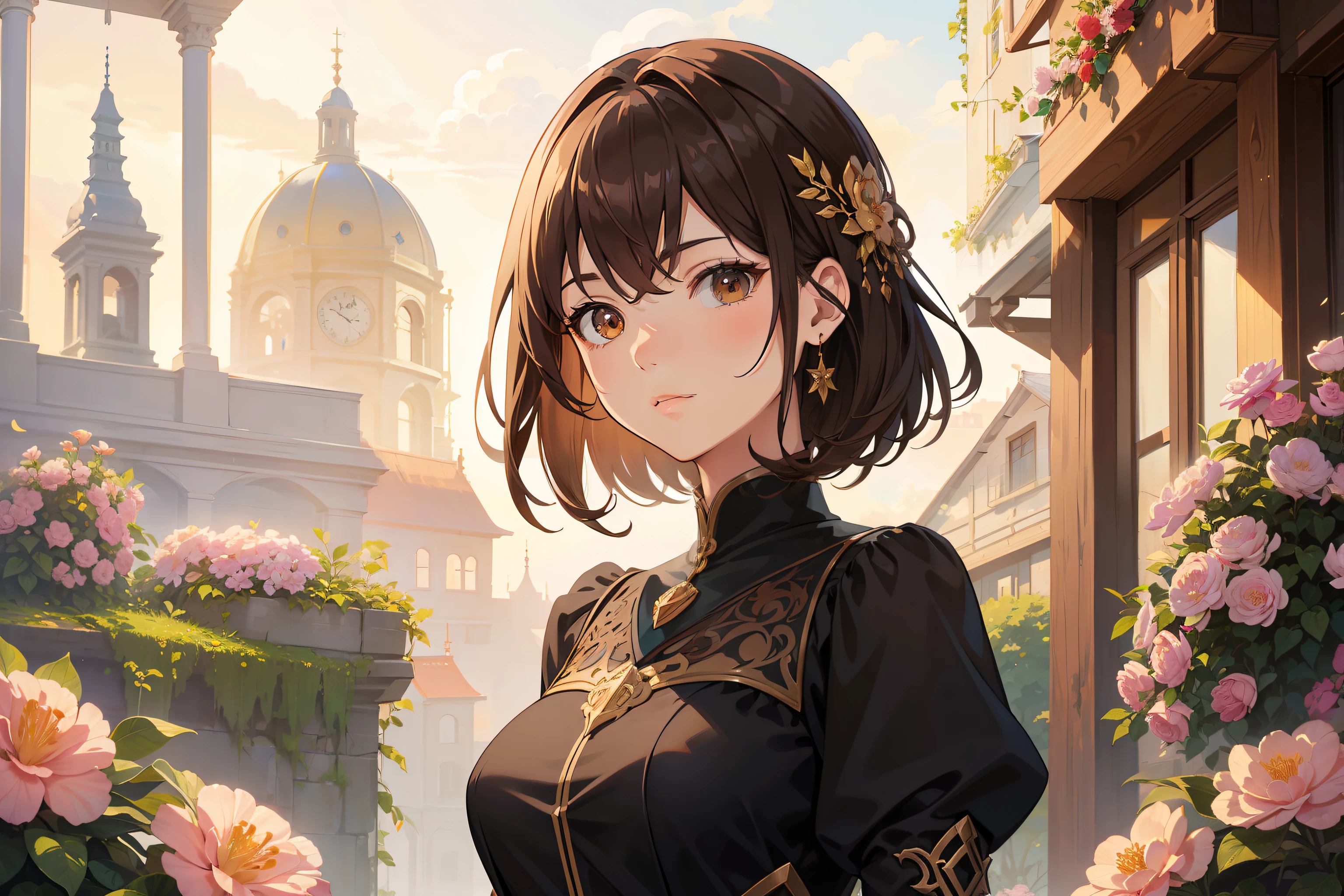Official Art, Masterpiece European female, brown short hair , brown eyes, (​masterpiece、top-quality、hight resolution: 1.4),in 8K, Anime Art Nouveau, highly detailed exquisite fanart, anime fantasy illustration, clean detailed anime art, detailed anime art, Sharp Focus, Delicate Beautiful Hair and Eyes and Face, realisitic, ultra-detailliert, flower garden, sunlight,