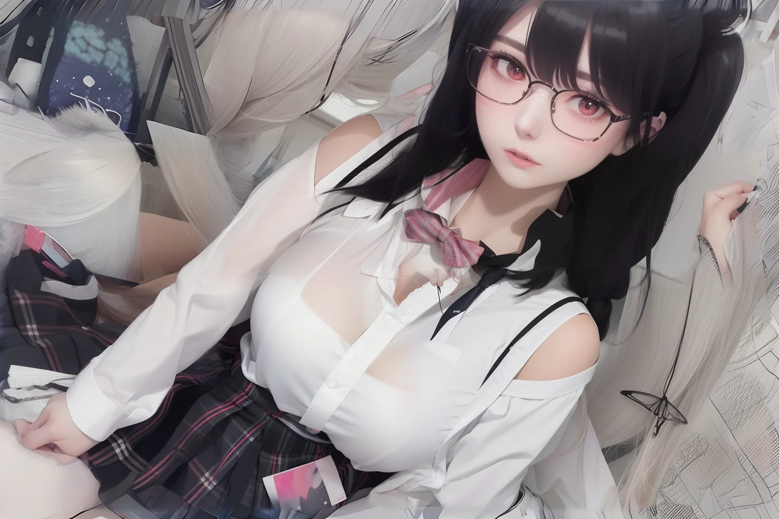 １７Year old schoolgirl　High school girl in black high socks Japan　puffed out cheeks　Fume　Lack of eye power　The skirt is ironed　The shirt is ironed　The tie is about to come off　plaid skirts　Glasses twin tail rough sketch　The contours are not black　Outlines are colors々colourfull１７Year old schoolgirl　High school girl in black high socks Japan　puffed out cheeks　Fume　Lack of eye power　The skirt is ironed　The shirt is ironed　The tie is about to come off　plaid skirts　Glasses twin tail rough sketch　The contours are not black　Outlines are colors々Use colorful colors　less saturated　watercolor paiting　The contour line is thin and delicate　There are many contour lines　Hair is pink　hair is long　Hair is tied　Twin-tailed　The skeleton is very thin　very thin shoulders　Udder is small　The height is１７０centimeter　Weight is３０kilogram　Fume　Lack of eye power　Use colors that don't open your eyes　less saturated　watercolor paiting　The contour line is thin and delicate　There are many contour lines　Hair is pink　hair is long　Hair is tied　Twin-tailed　The skeleton is very thin　very thin shoulders　Udder is small　The height is１７０centimeter　Weight is３０kilogram　Fume　Lack of eye power　Eyes are not open tightly