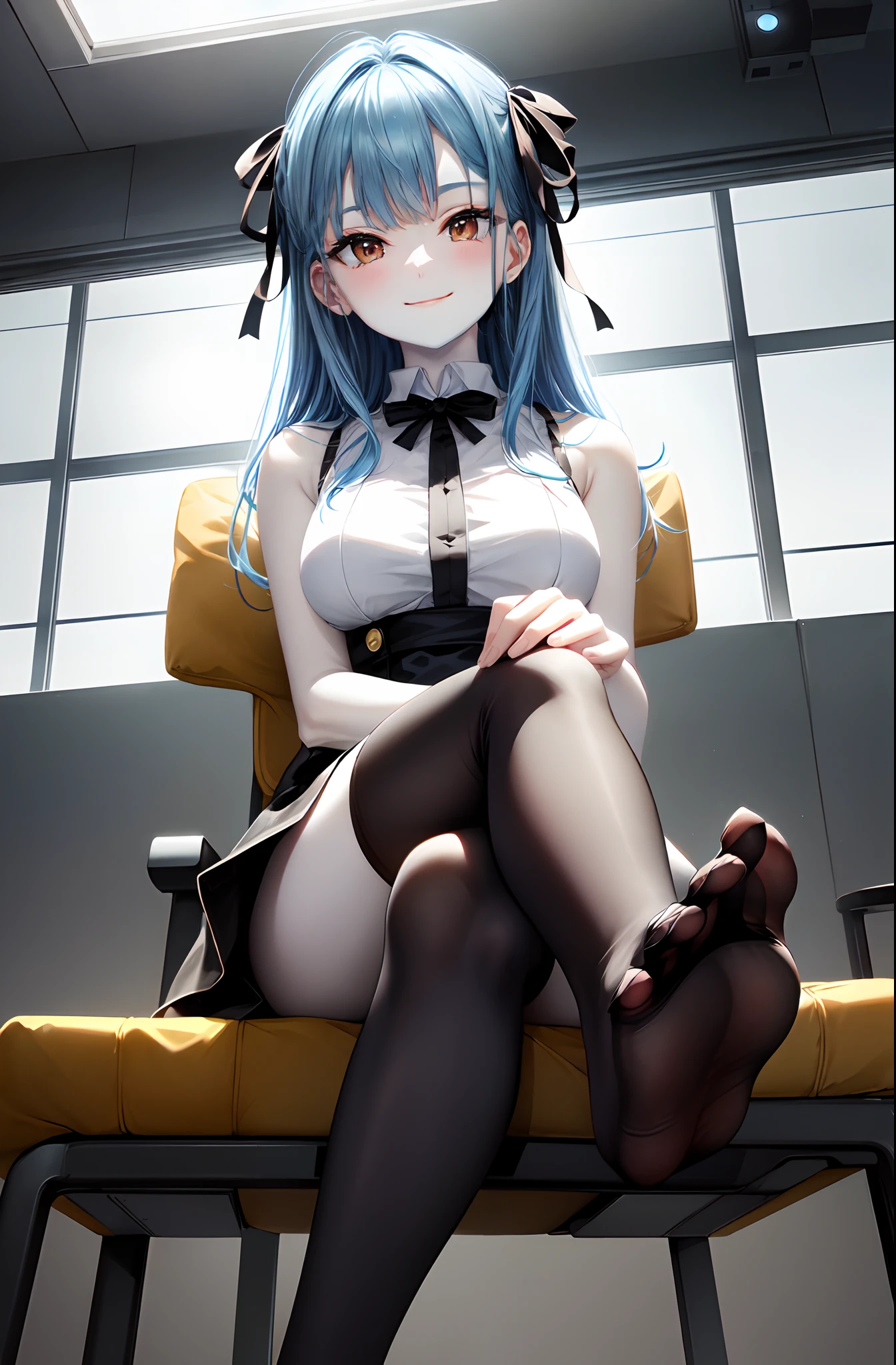 (((foot focus))), (((presenting foot))), foot towards viewer, from below, ((black thighhighs)), looking at viewer, from below, (((hand on own thighs))), eyelashes, (pale skin:1.5), anime style, masterpiece, 8k, sharp details, 1girl, solo, light blue hair, full body black dress with skirt, mature female, medium breasts, black side twin hair ribbon, brown eyes, long hair, sleeveless, closed mouth, crossed legs, light smile, sitting on a chair