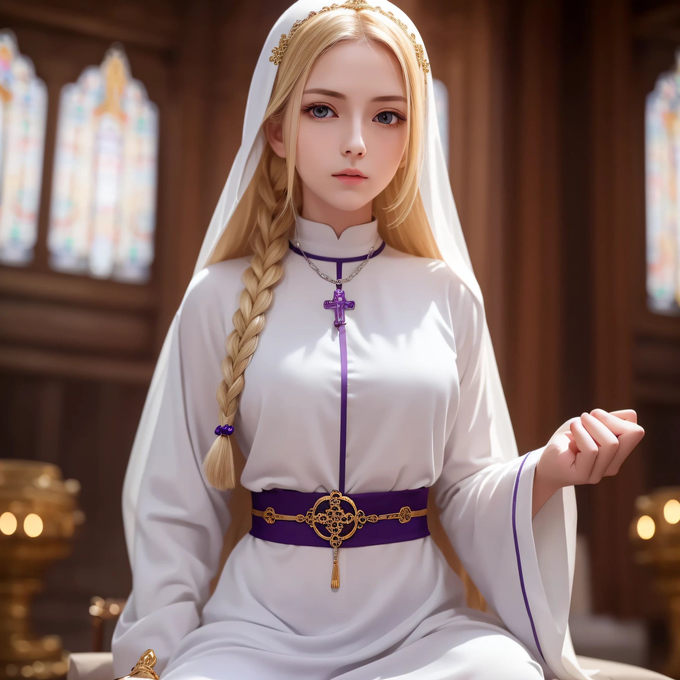Monastic Uniform (White) Top Quality Slender waist Perfectly proportioned hands (blonde long hair single braid) Slim abdomen Adult woman Realistic skin Beautiful purple eyes Rosary around the neck Beautiful face Woman praying in the temple