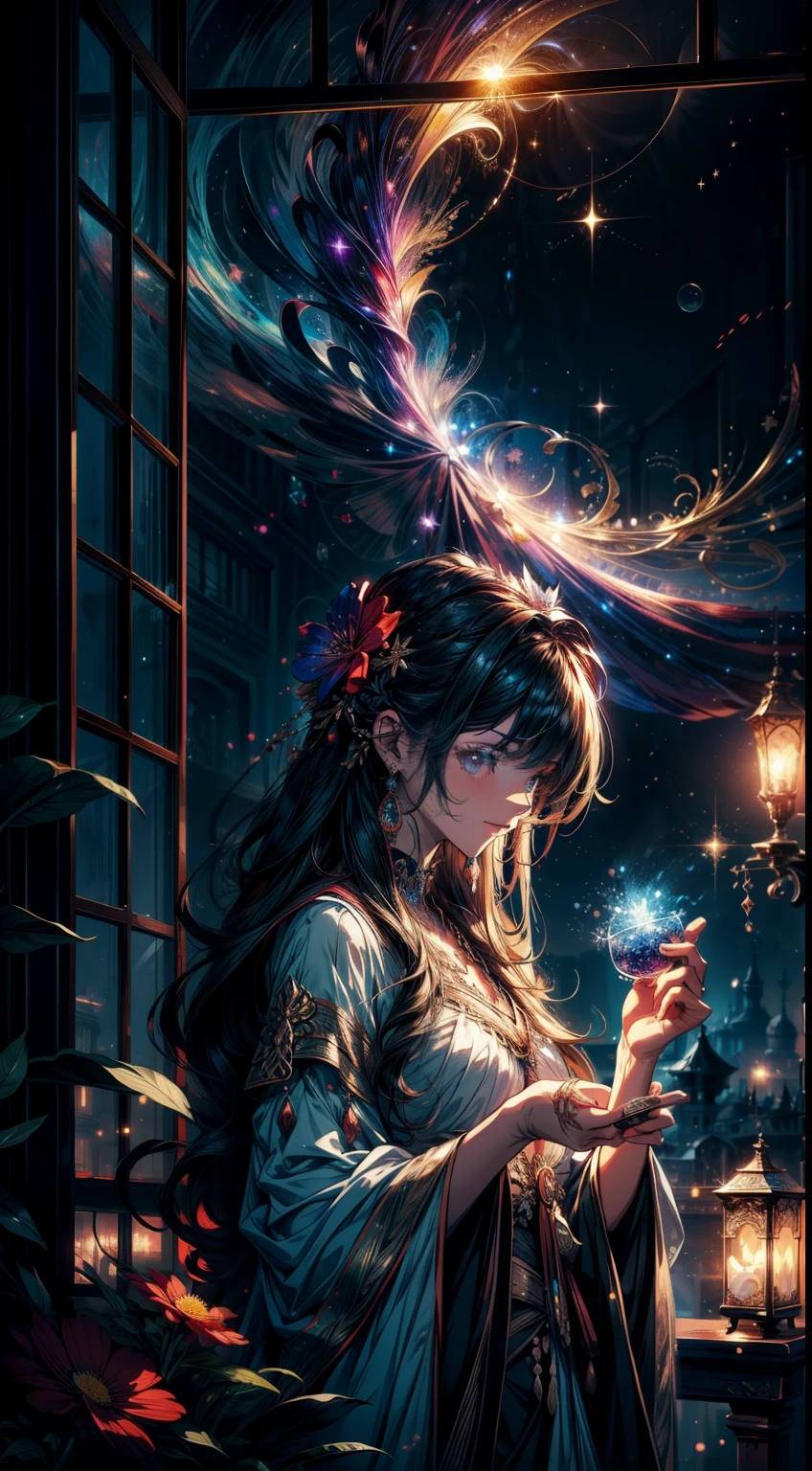 gorgeous, masterpiece, best quality, highres,4k, wallpaper, trace lights,, intricate, detailed, BREAK magicle, particle, constelations, stardust, cosmos, ((flower)), cozy peace,peaceful,