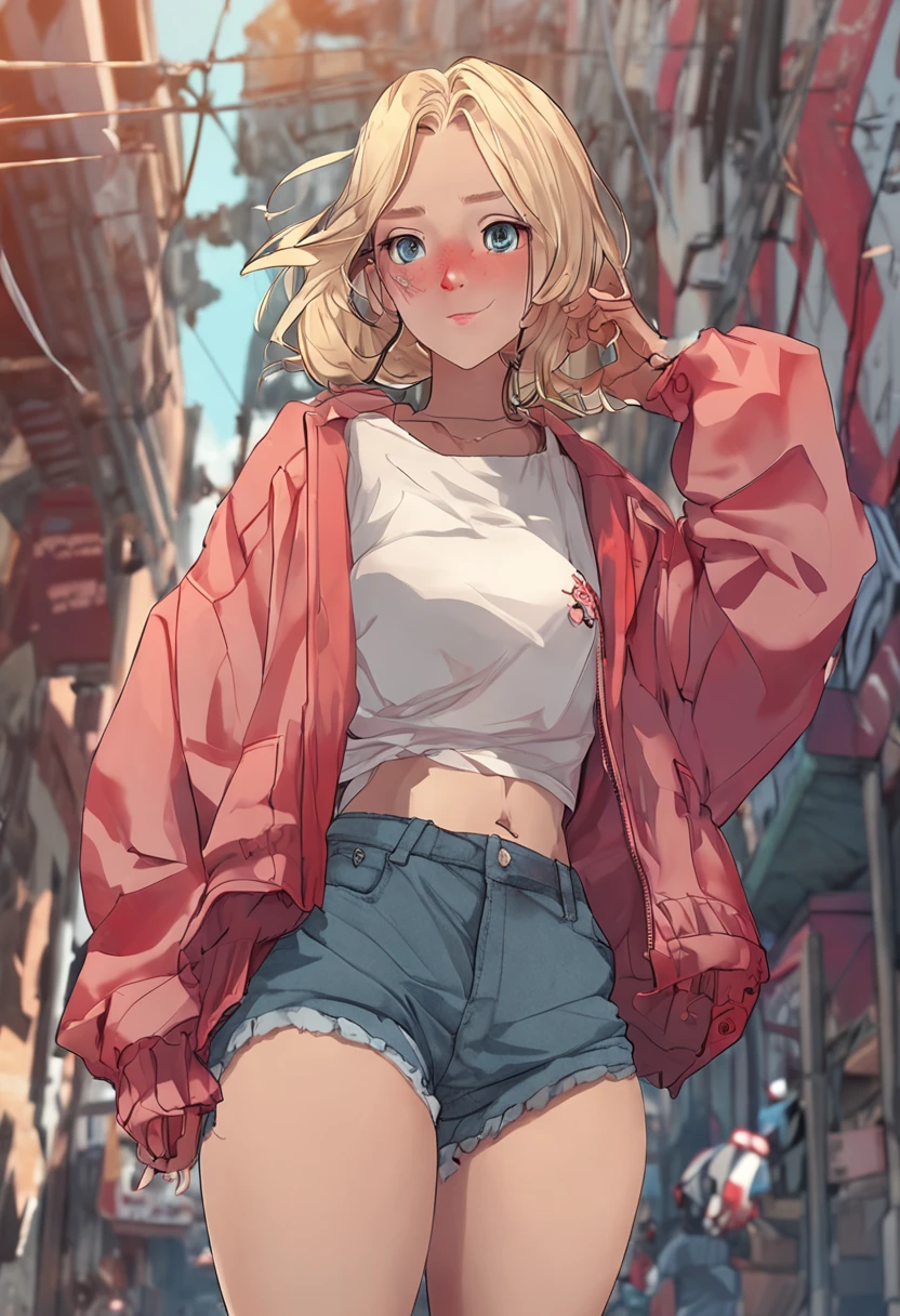 1girl, high-waist shorts, sweater, oversized clothes, cutoffs, blonde hair, full body,, masterpiece, best quality, highly detailed