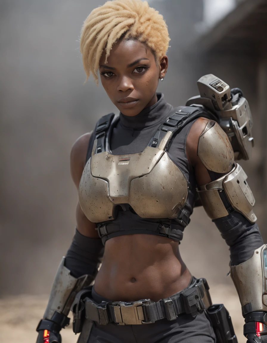 REALISTIC ANIME STYLE, JAPANESE ANIME, REAL ANIME, RAGE UNLEASHED, ANGRY, african american man cyborg soldier with chainsaw, BLONDE SHORT KINKY HAIR, glowing YELLOW eyes, CHAINSAW, heavy mecha armor, cybernetic, cyberpunk LUMBERJACK SHIRT, on planet venus, wasteland, apocalypse, barren venus planet, cinematic, volume lighting