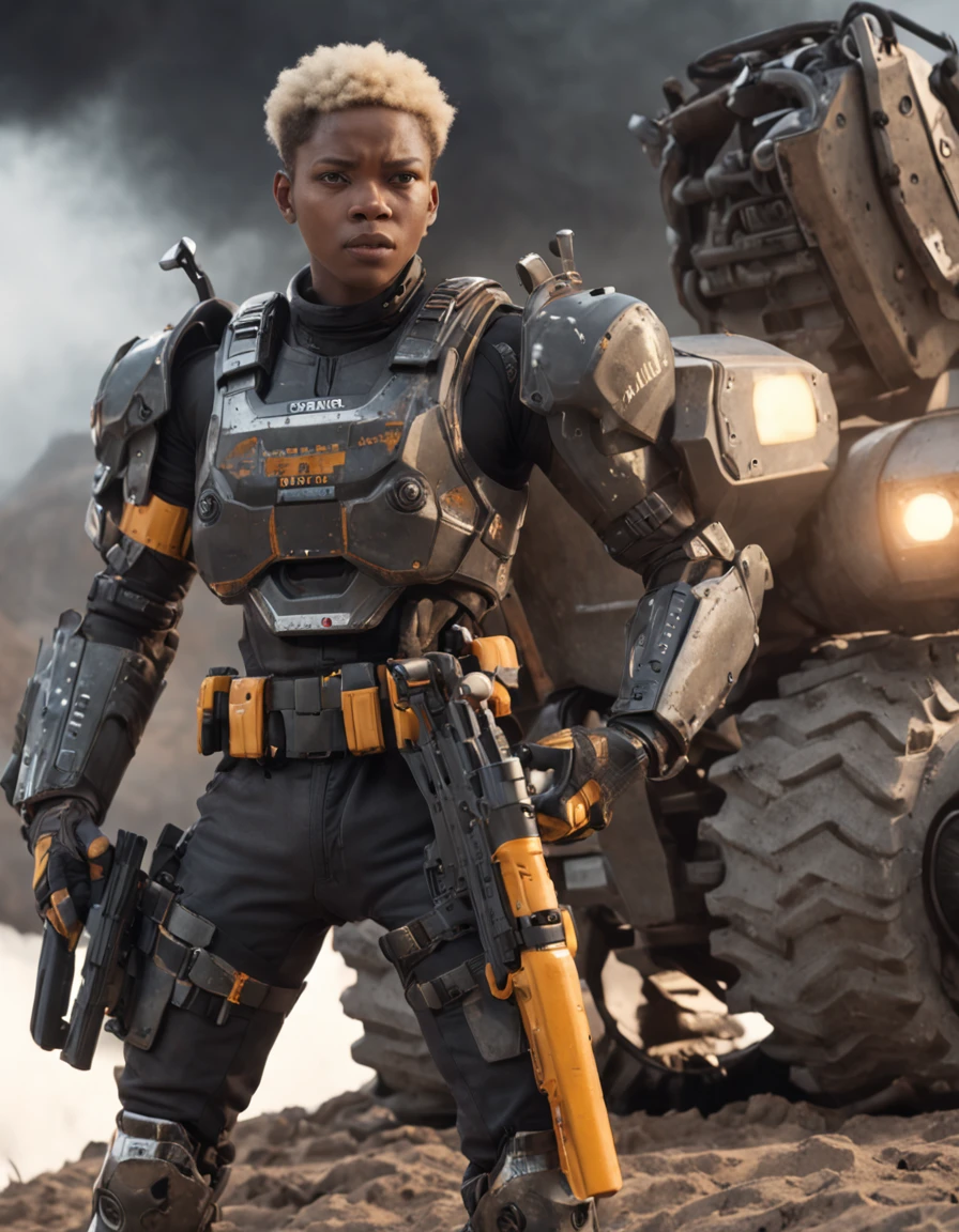 REALISTIC ANIME STYLE, JAPANESE ANIME, REAL ANIME, RAGE UNLEASHED, ANGRY, african american man cyborg soldier with chainsaw, BLONDE SHORT KINKY HAIR, glowing YELLOW eyes, CHAINSAW, heavy mecha armor, cybernetic, cyberpunk LUMBERJACK SHIRT, on planet venus, wasteland, apocalypse, barren venus planet, cinematic, volume lighting