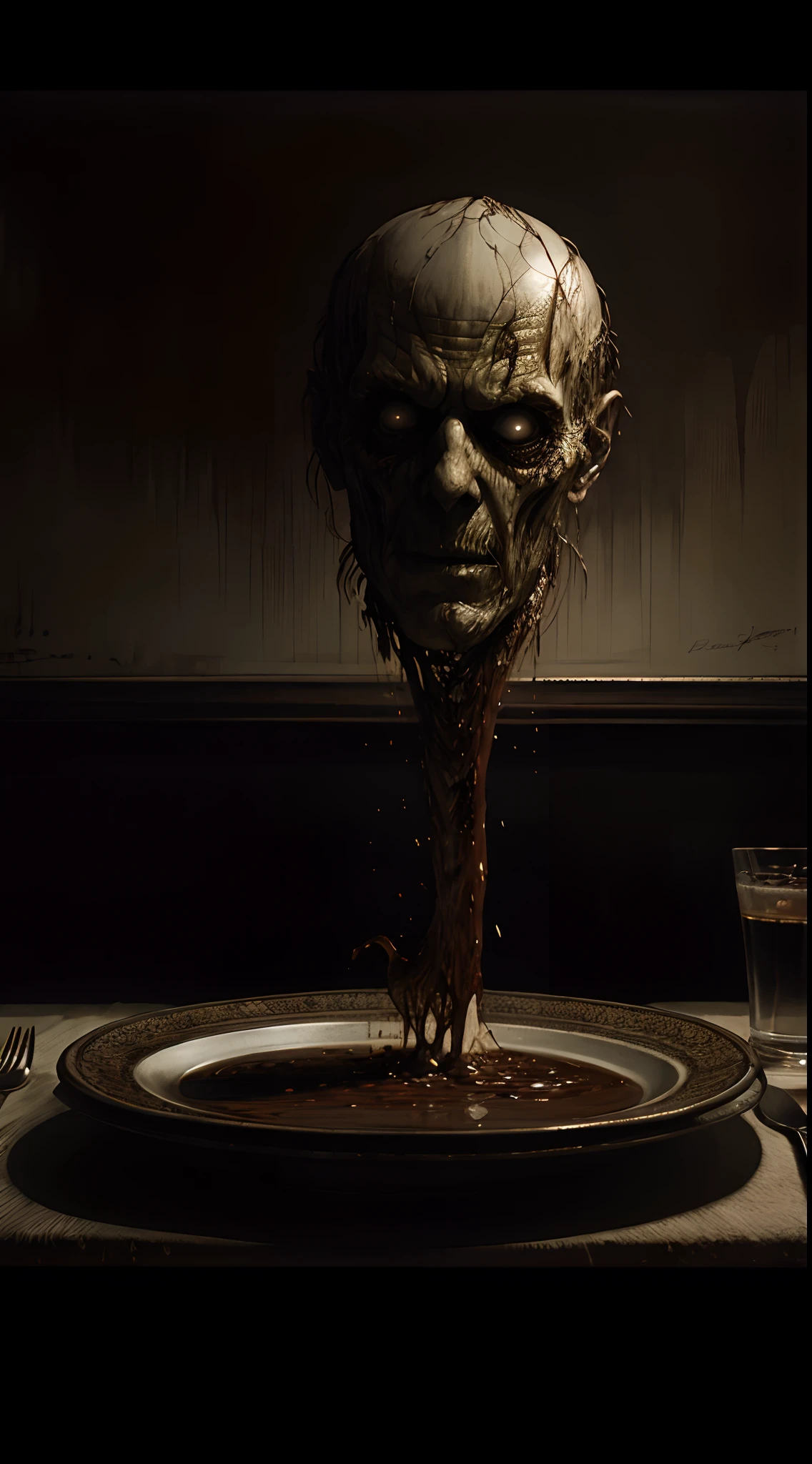 "Shit on a plate, Painting by Beksinsky, Bernie Wrightson, Trending on ArtStation, horrorporn film, creepypasta"