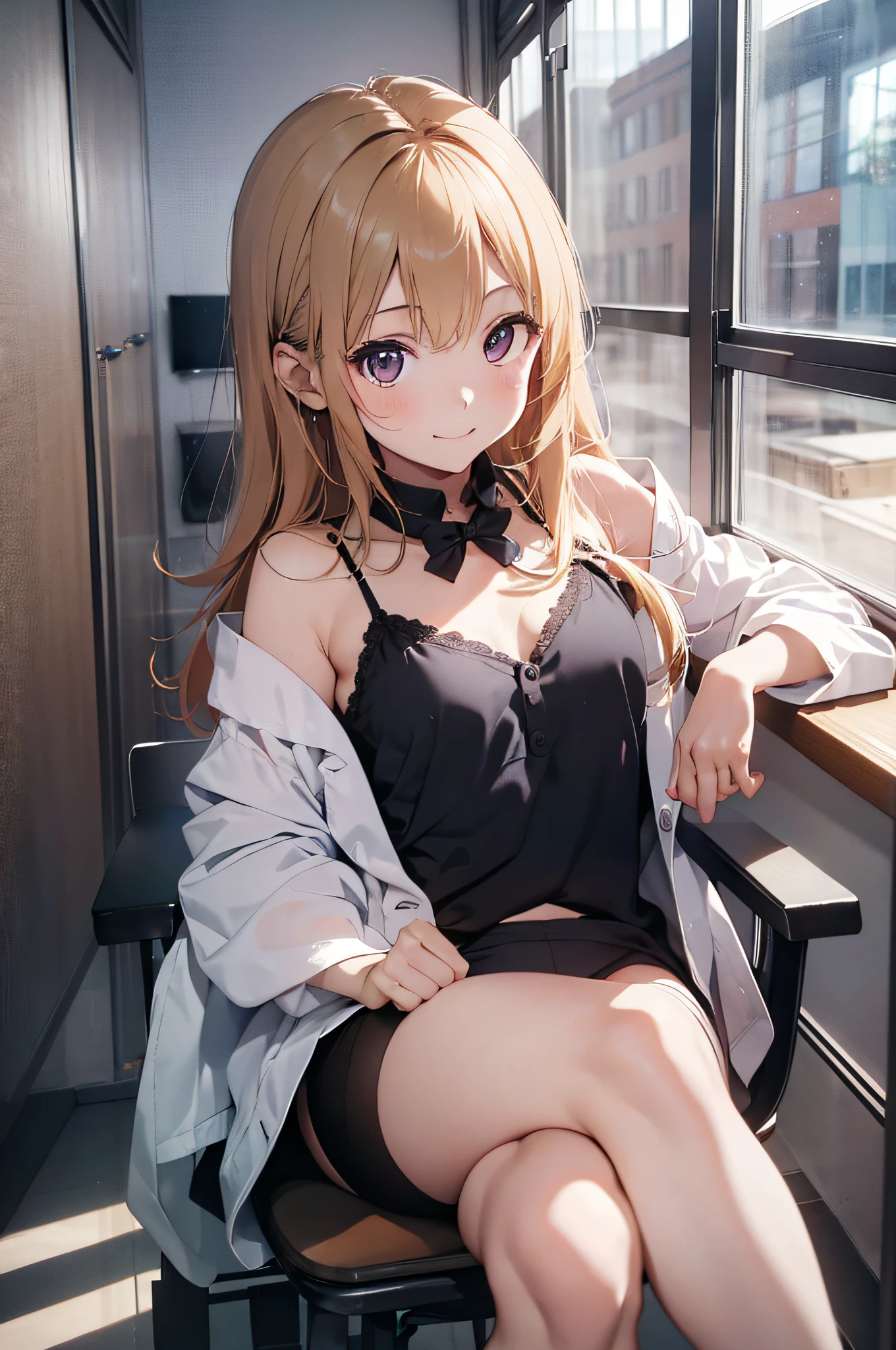 (Naughty Woman:1.3)、(Examination room:1.5)、(tiny chest:1.4)、Blonde hairer、Raw photography, top-quality, hight resolution, (masterpiece), (Photorealsitic:1.4), Anime Cosplay, foco nítido, nffsw, 8K分辨率, intricate detailes, depth of fields, the Extremely Detailed CG Unity 8K Wallpapers, front lit, girl with, Smile、(A slender:1.5)、(Wearing a lab coat over a black camisole:1.4)、sit a chair