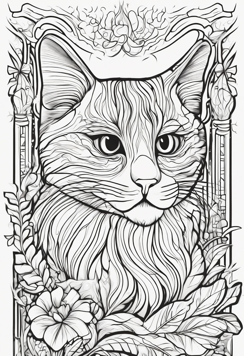 cat, kawaii style kitten, fantasy, magical, mystical, unusual, black and white, wavey lines, realistic line art drawing, coloring book page , no noise, crisp thick lines, outline art, centred image, isolated on a white background --v 4 --ar 2:3