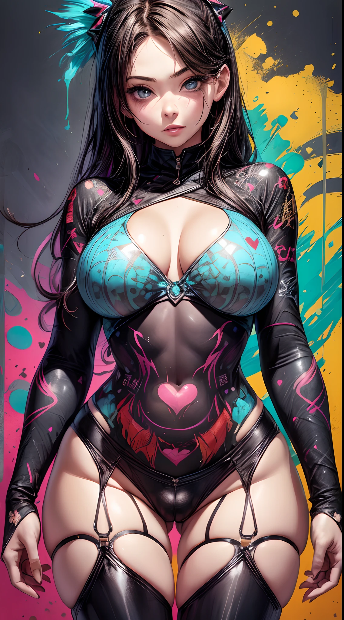 infp young woman, Beautiful big breasts, Front opening shirt, Body painting with pop designs drawn directly all over the body, heart shapes, Pop Art Design, Cutting-edge fashion, Innovative, The center of attention, tokyo prefecture, newyork, Special art design, pubick hair, cameltoe details, -motto, Background of the novel,A dark-haired