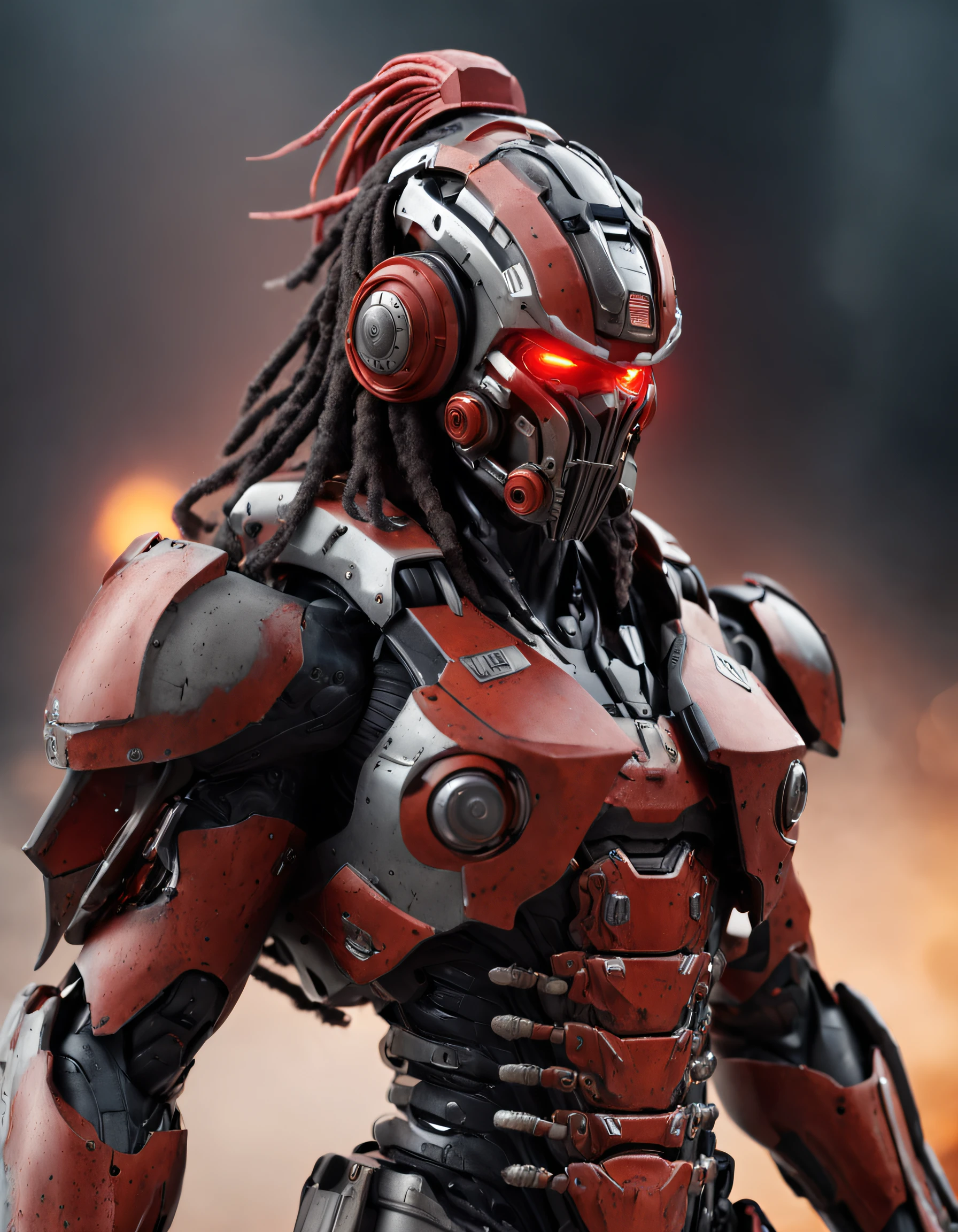 REALISTIC ANIME STYLE, JAPANESE ANIME, REAL ANIME, RAGE UNLEASHED, ANGRY, african american man cyborg soldier with dual samurai sword, red long dreadlocks, glowing neon X eyes, with shot gun on the side, heavy mecha armor, cybernetic, cyberpunk, colourful japanese stickers on armor, on planet venus, wasteland, apocalypse, baren venus planet, cinematic, volume lighting