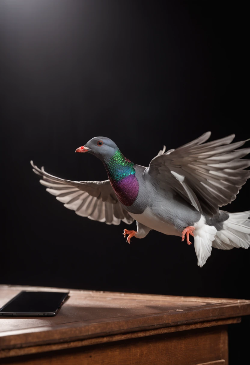 Magician in tuxedo and silk hat showing laptop screen to audience on stage。Amazingly, a number of actual pigeons jump out of the computer screen and fly over the stage.。Draw in detail a scene of a pigeon coming out of a laptop screen