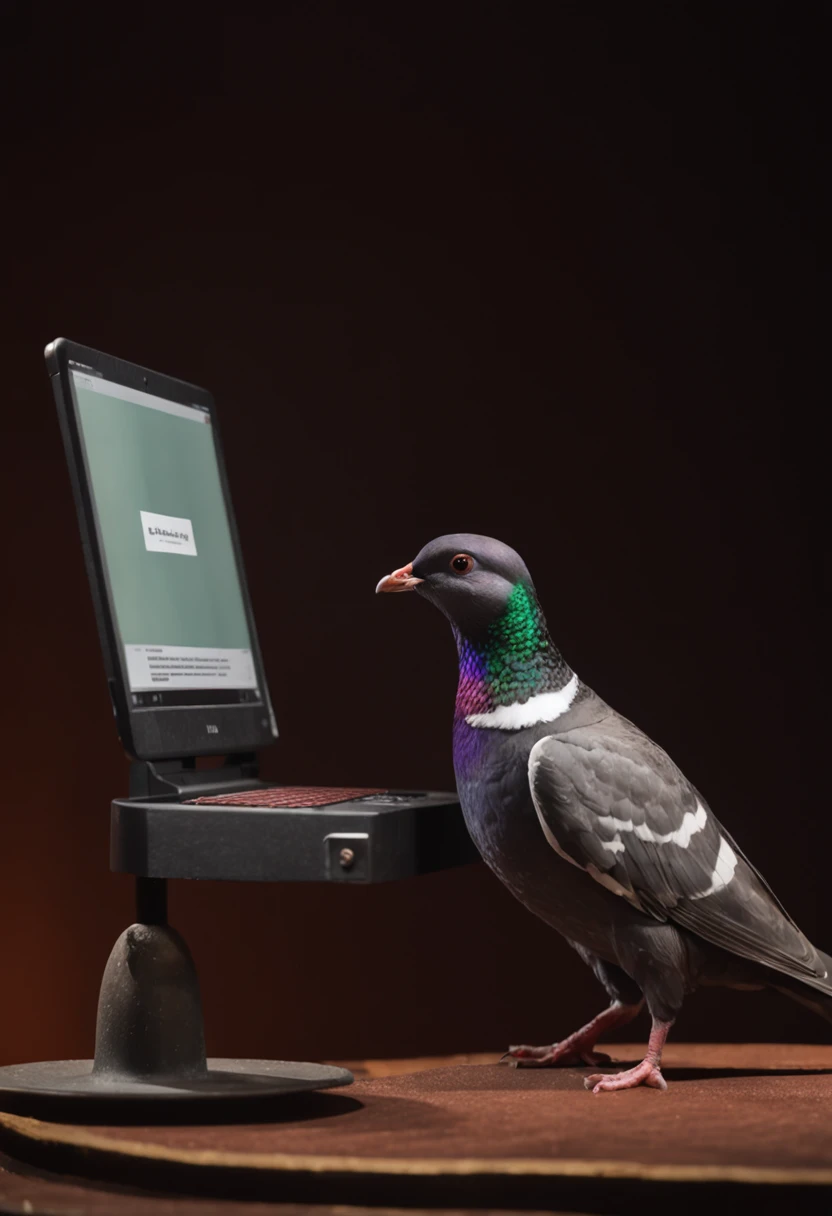 Magician in tuxedo and silk hat showing laptop screen to audience on stage。Amazingly, a number of actual pigeons jump out of the computer screen and fly over the stage.。Draw in detail a scene of a pigeon coming out of a laptop screen