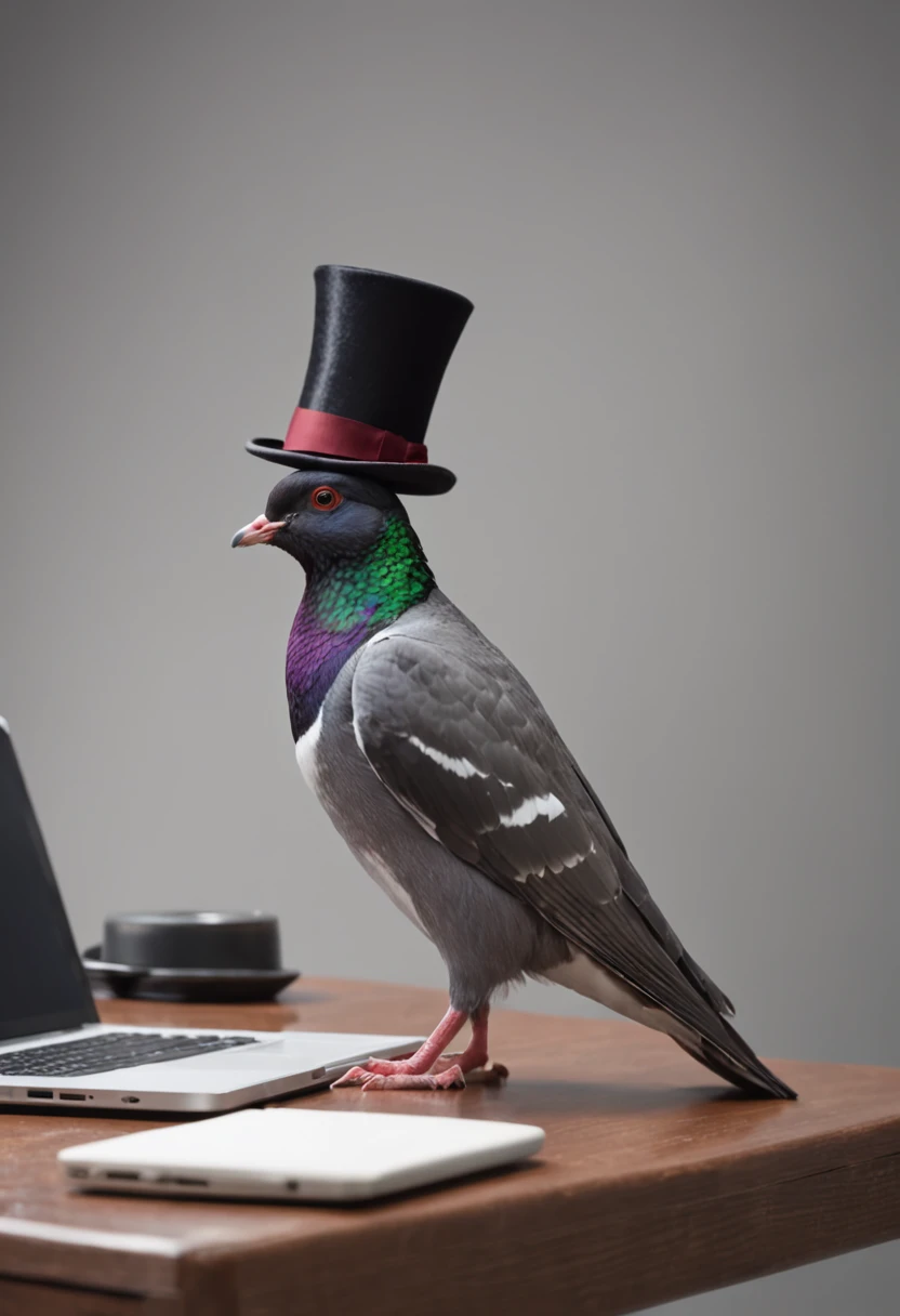 Magician in tuxedo and silk hat showing laptop screen to audience on stage。Amazingly, a number of actual pigeons jump out of the computer screen and fly over the stage.。Draw in detail a scene of a pigeon coming out of a laptop screen