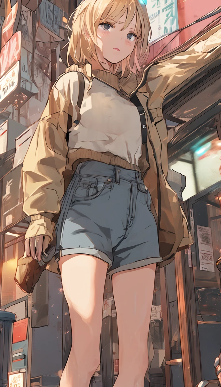 1girl, high-waist shorts, sweater, oversized clothes, cutoffs, blonde hair, full body,, masterpiece, best quality, highly detailed