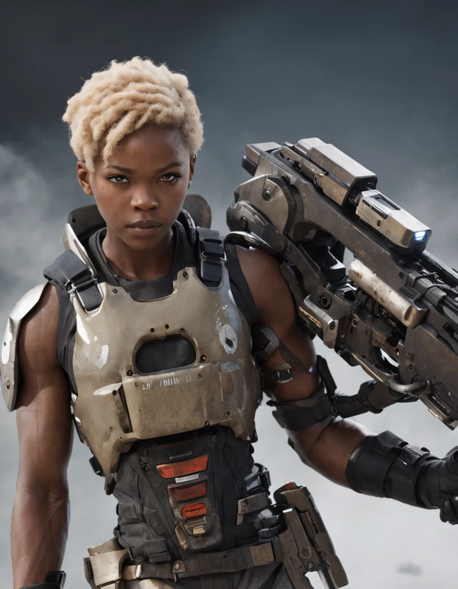 REALISTIC ANIME STYLE, JAPANESE ANIME, REAL ANIME, RAGE UNLEASHED, ANGRY, african american man cyborg soldier with chainsaw, BLONDE SHORT KINKY HAIR, glowing YELLOW eyes, CHAINSAW, heavy mecha armor, cybernetic, cyberpunk LUMBERJACK SHIRT, on planet venus, wasteland, apocalypse, barren venus planet, cinematic, volume lighting