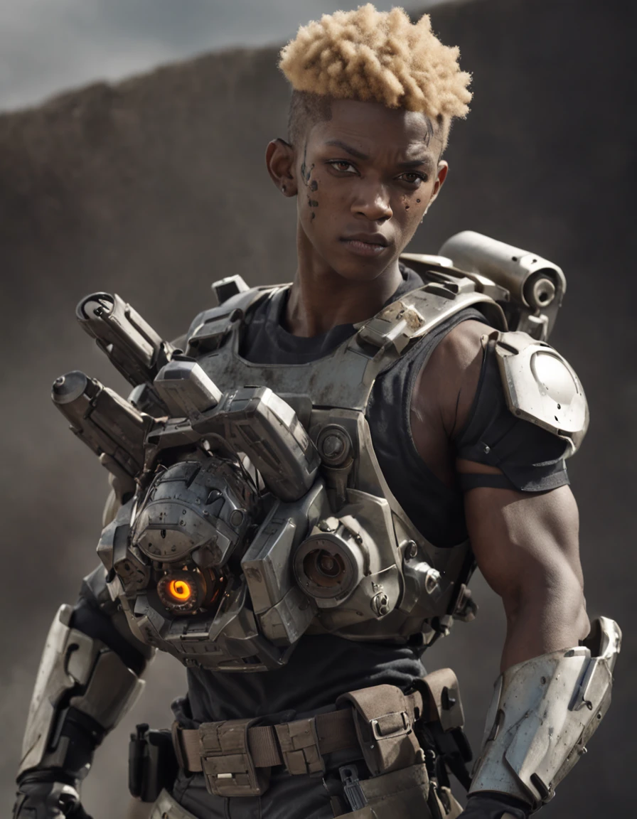REALISTIC ANIME STYLE, JAPANESE ANIME, REAL ANIME, RAGE UNLEASHED, ANGRY, african american man cyborg soldier with chainsaw, BLONDE SHORT KINKY HAIR, glowing YELLOW eyes, CHAINSAW, heavy mecha armor, cybernetic, cyberpunk LUMBERJACK SHIRT, on planet venus, wasteland, apocalypse, barren venus planet, cinematic, volume lighting