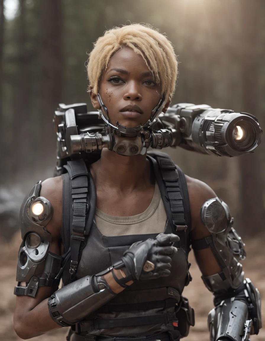 REALISTIC ANIME STYLE, JAPANESE ANIME, REAL ANIME, RAGE UNLEASHED, ANGRY, african american man cyborg soldier with chainsaw, BLONDE SHORT KINKY HAIR, glowing YELLOW eyes, CHAINSAW, heavy mecha armor, cybernetic, cyberpunk LUMBERJACK SHIRT, on planet venus, wasteland, apocalypse, barren venus planet, cinematic, volume lighting