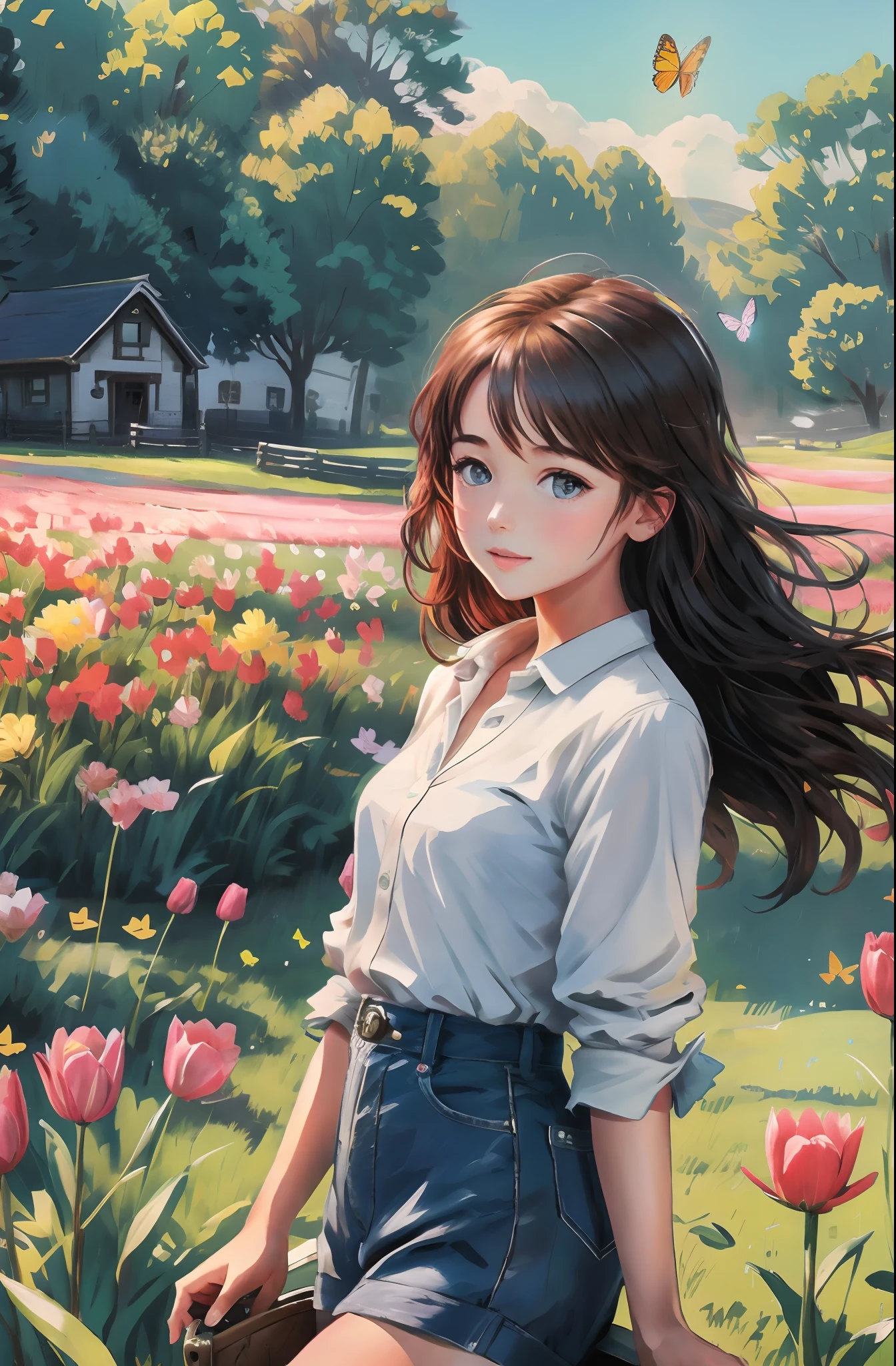 countryside road trip movie poster, masterpiece, best quality, 1girl, field of daisy, vibrant, happy, butterflies