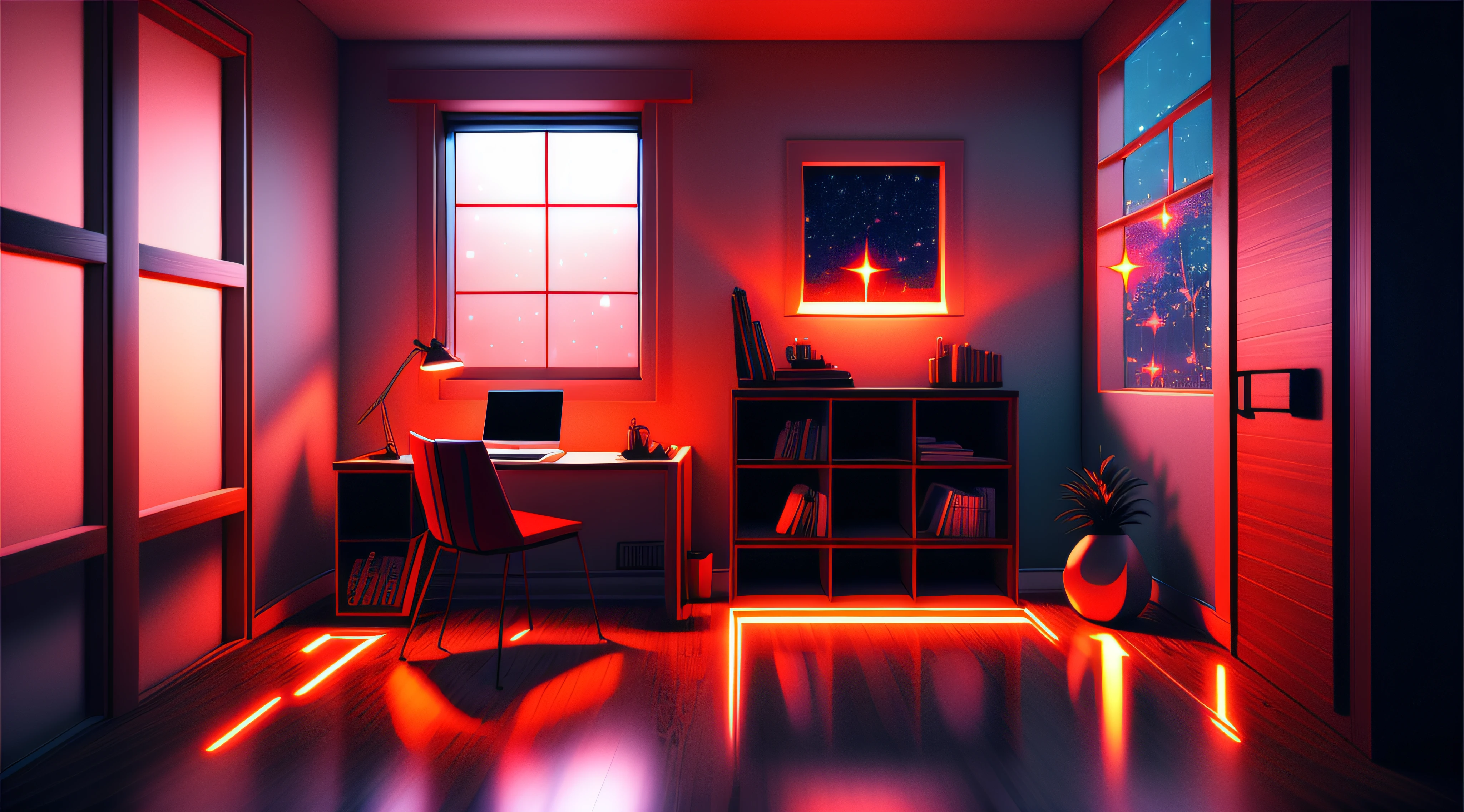 Warm Light Source Cyberpunk Calm Night Tech Bedroom Room Computer Desk Microphone Lamp Computer Water Cooler Minor Fluorescence Starry Sky Smooth Floor Fox Minimalism Deconstructivism Sense of Fragmentation Gorgeous Carved Floor-to-ceiling Windows Light Red Light Source