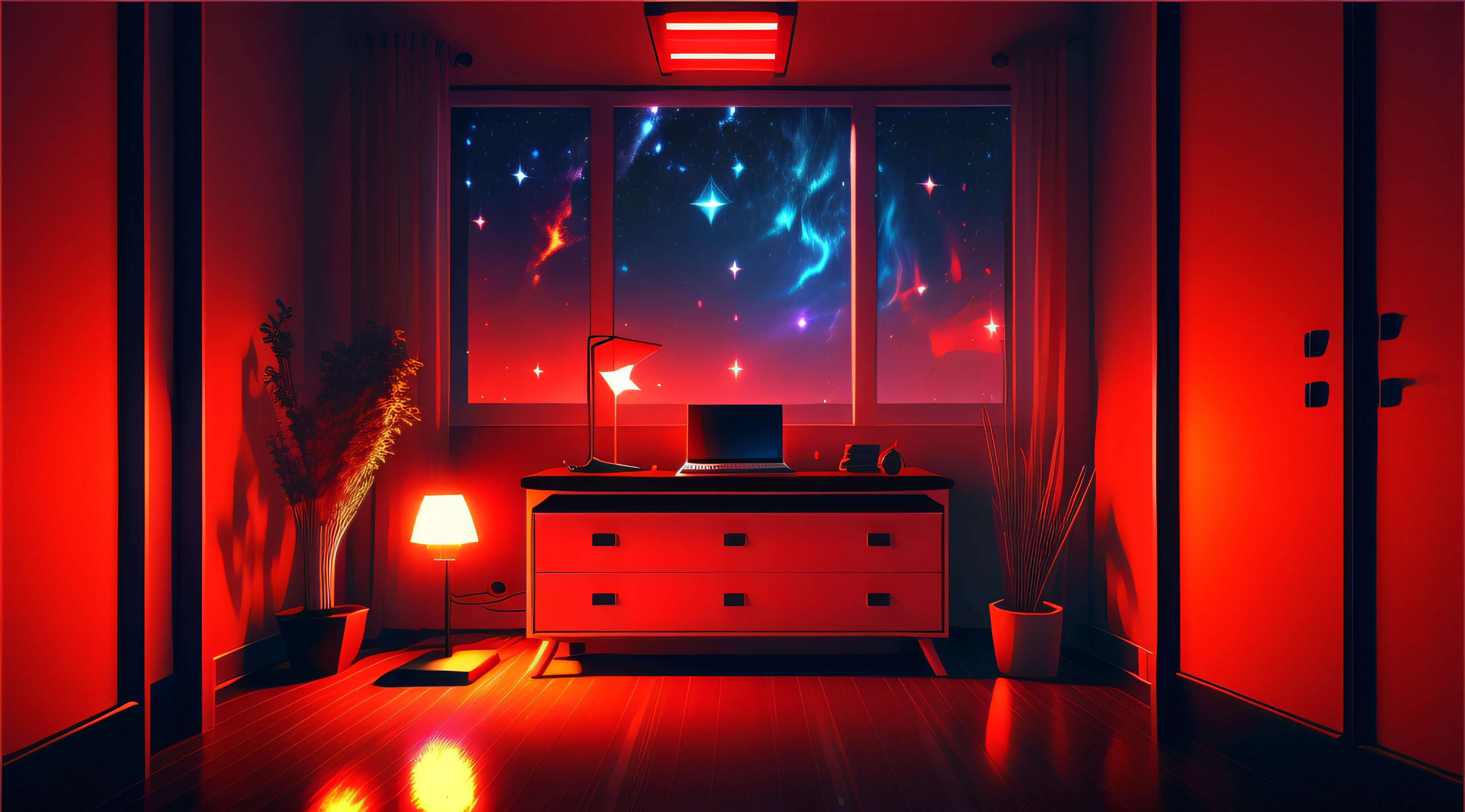 Warm Light Source Cyberpunk Calm Night Tech Bedroom Room Computer Desk Microphone Lamp Computer Water Cooler Minor Fluorescence Starry Sky Smooth Floor Fox Minimalism Deconstructivism Sense of Fragmentation Gorgeous Carved Floor-to-ceiling Windows Light Red Light Source