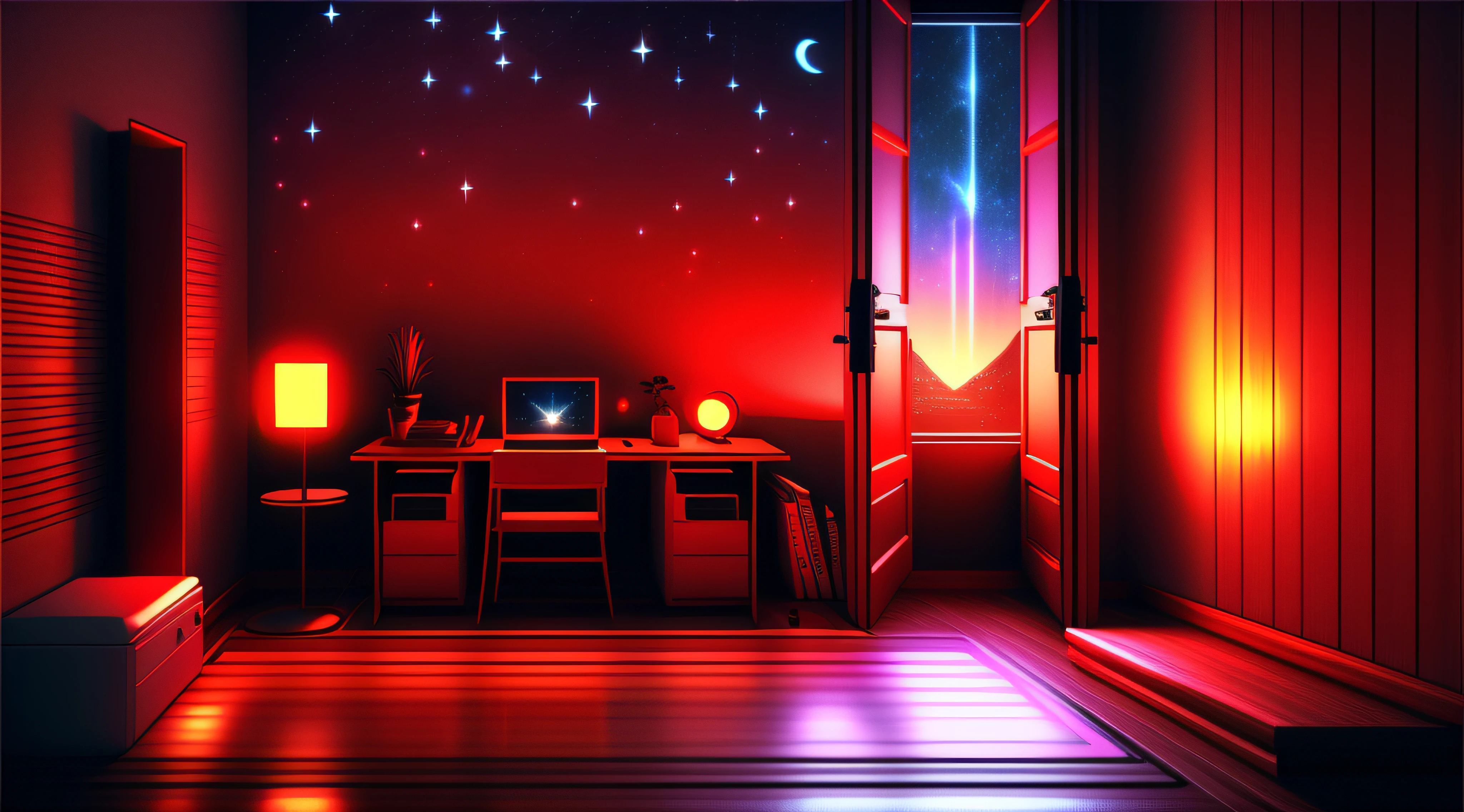 Warm Light Source Cyberpunk Calm Night Tech Bedroom Room Computer Desk Microphone Lamp Computer Water Cooler Minor Fluorescence Starry Sky Smooth Floor Fox Minimalism Deconstructivism Sense of Fragmentation Gorgeous Carved Floor-to-ceiling Windows Light Red Light Source